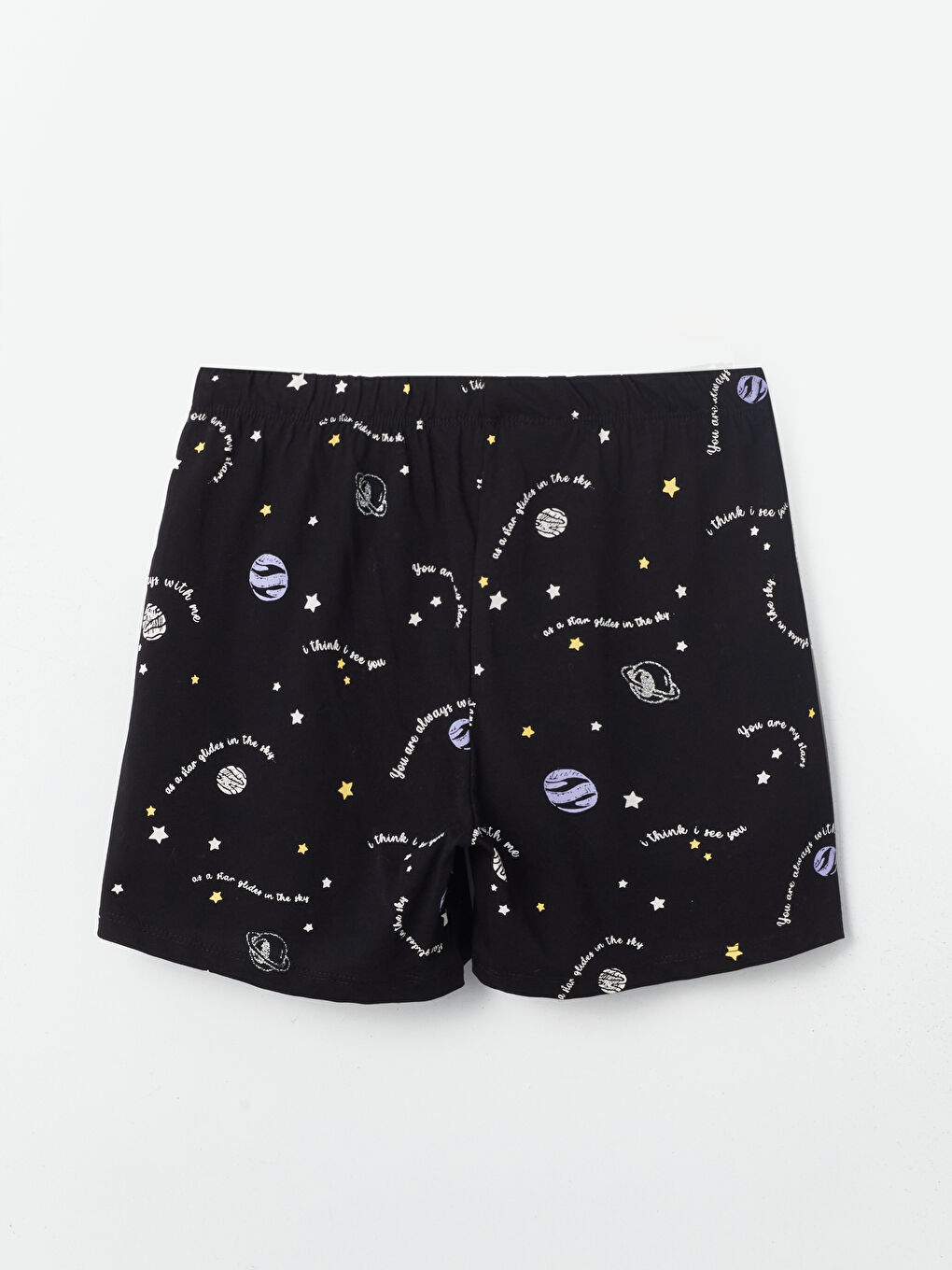 Siyah Bisiklet Yaka Baskılı Kısa Kollu Kadın Şortlu Pijama Takımı-9