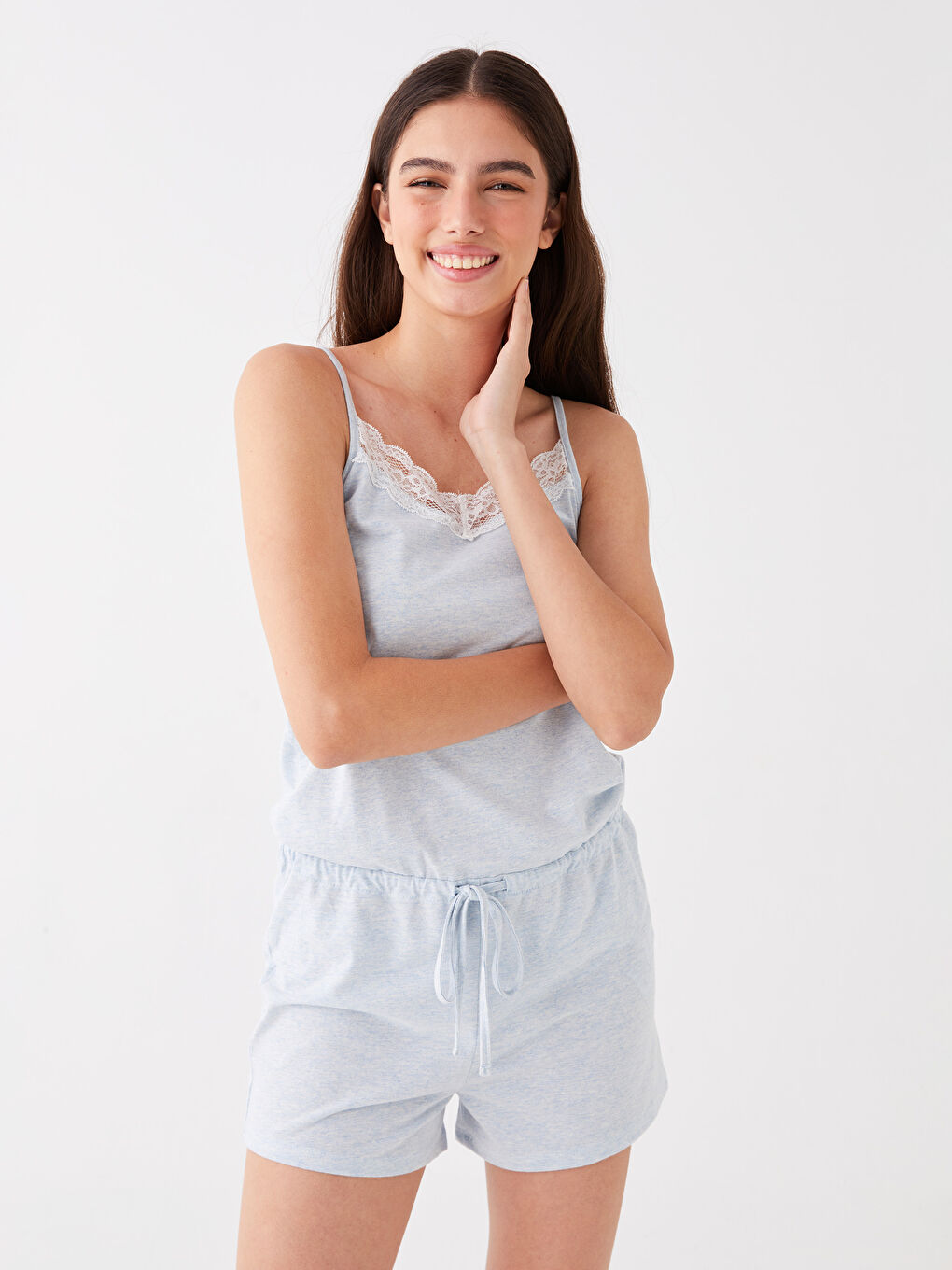 V-Neck Lace Detailed Strap Women's Short Jumpsuit Pajamas -S4FH12Z8-L8Y
