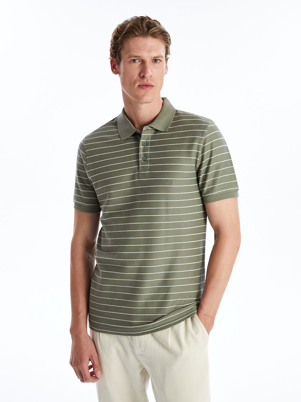 تي شيرت رجالي مخطط بكم قصير وكول بولو