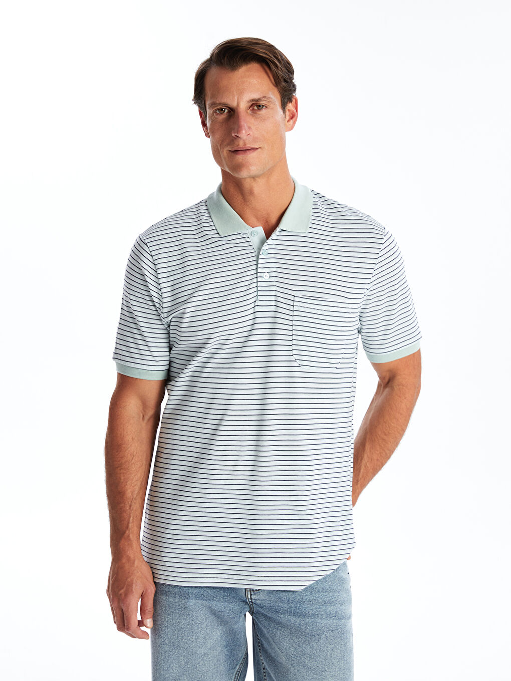 Polo Neck Short Sleeve Striped Piqué Men's T-Shirt -S4FI38Z8-LFT