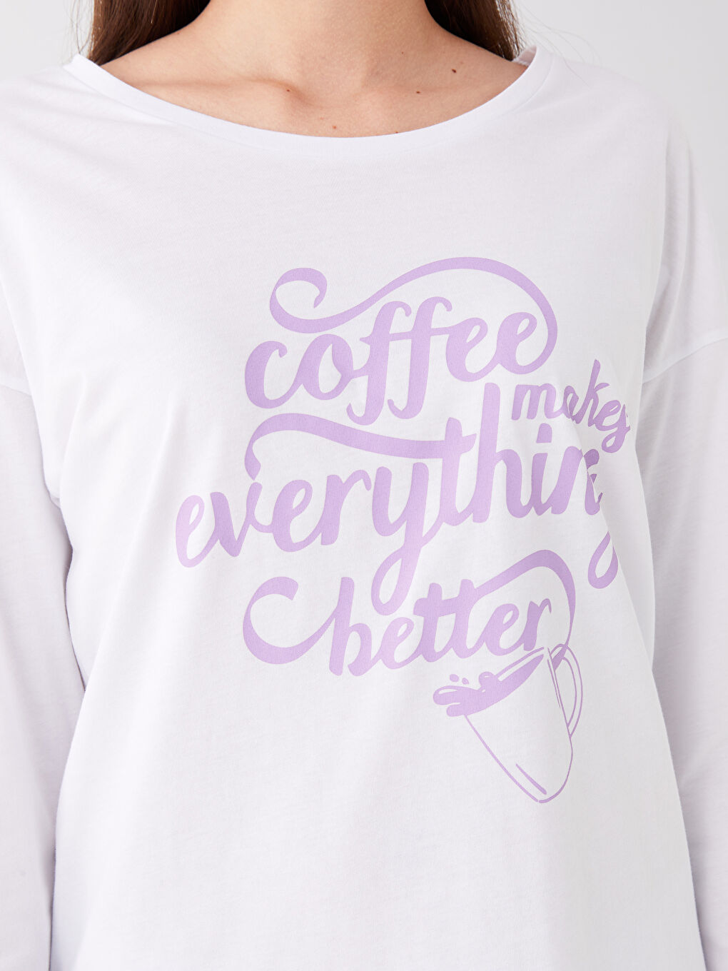 Beyaz Bisiklet Yaka Baskılı Kadın Pijama Üst-1