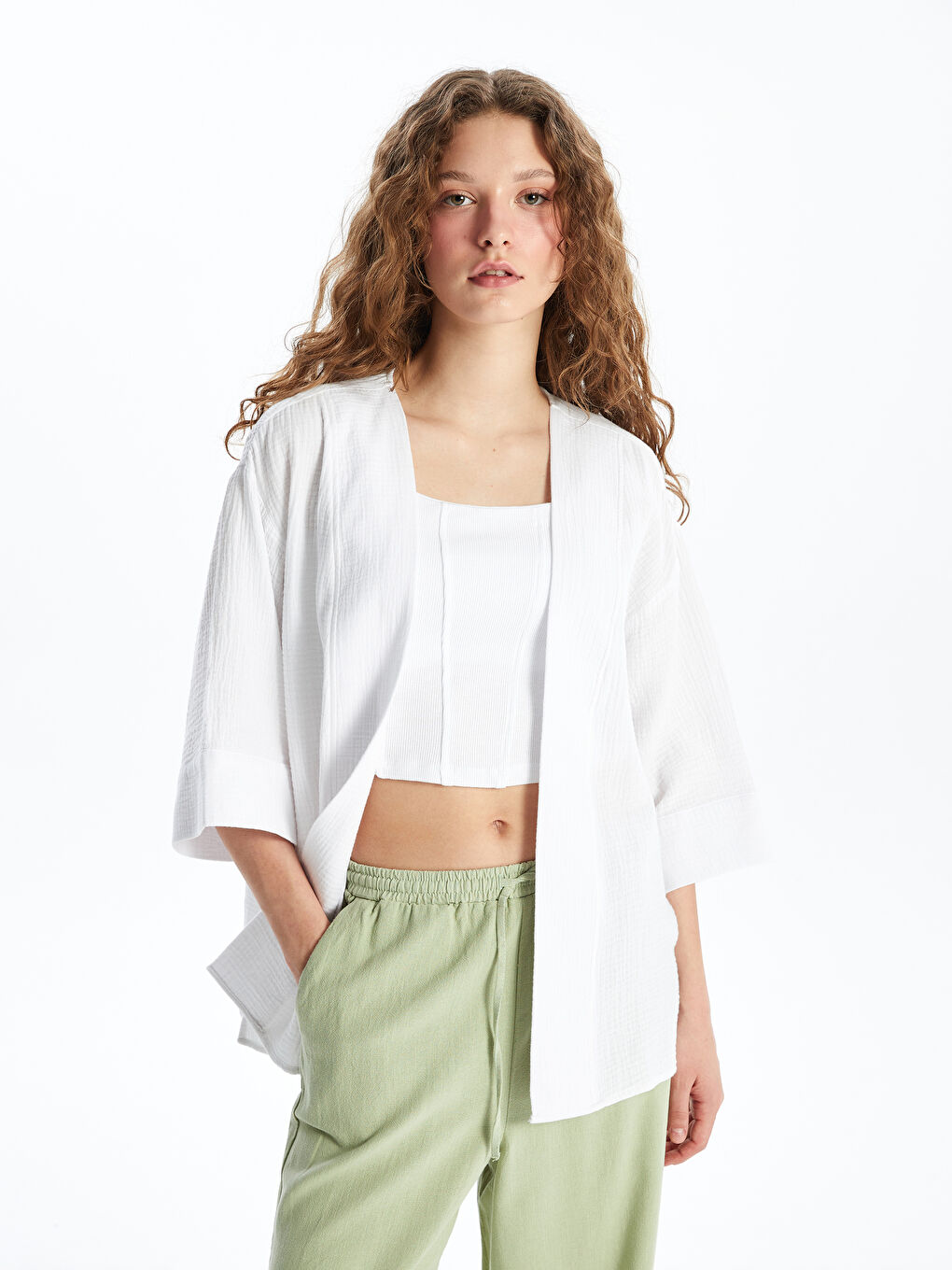 XSIDE Ekru Kadın Şal Yaka Düz Kimono