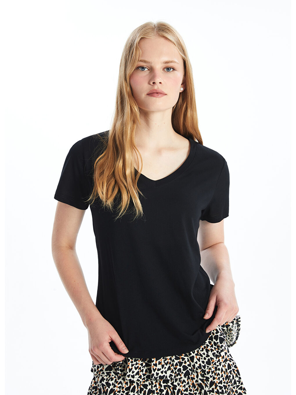 V Neck Straight Short Sleeve Women T-Shirt -S4FJ38Z8-CVL