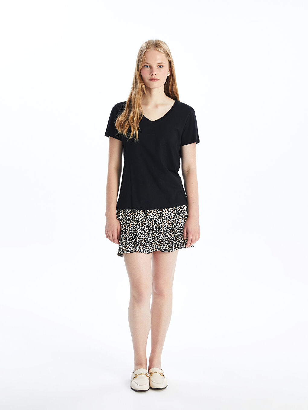 V Neck Straight Short Sleeve Women T-Shirt -S4FJ38Z8-CVL