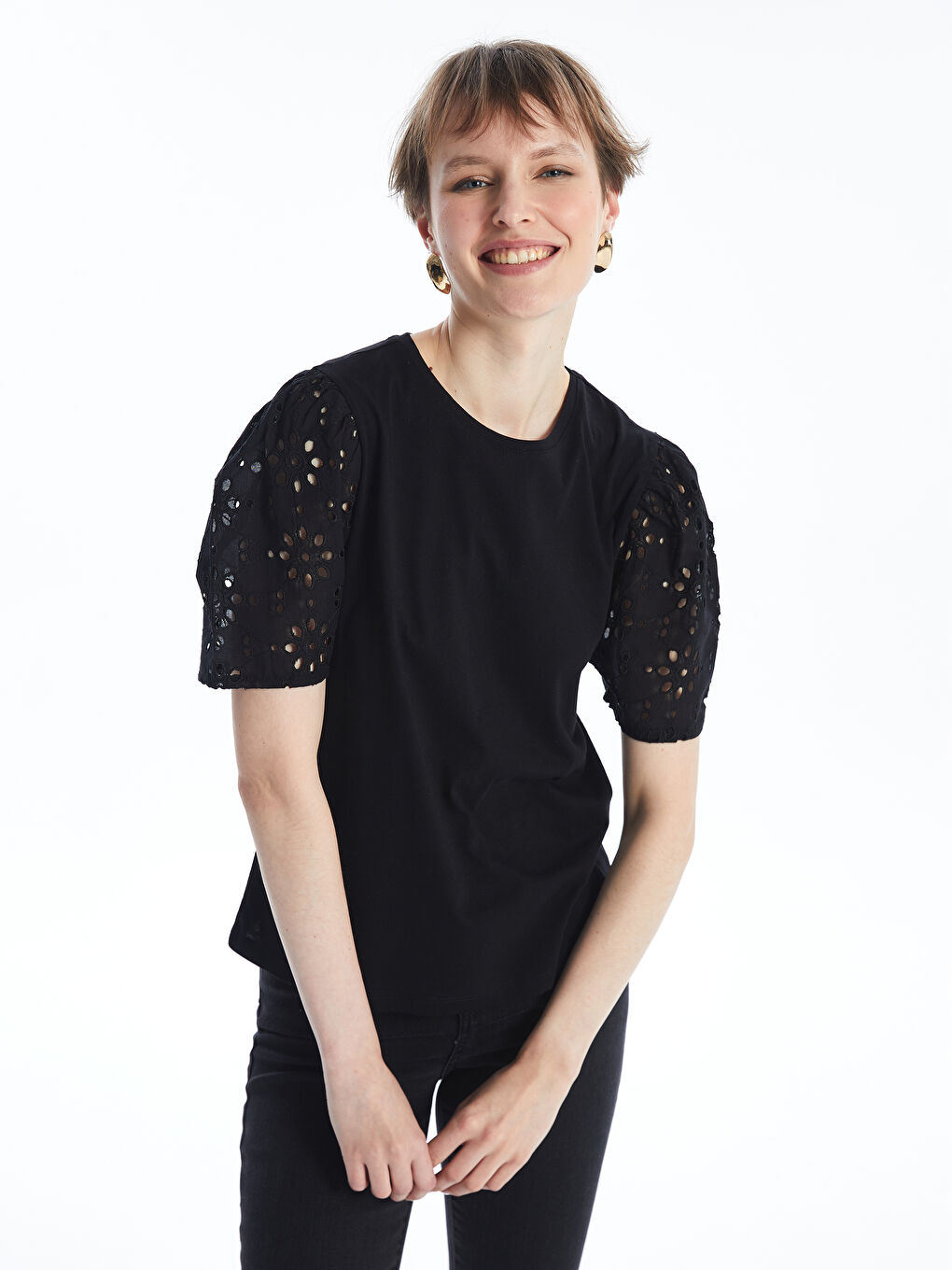 Crew Neck Self-Patterned Short Sleeve Women's Blouse