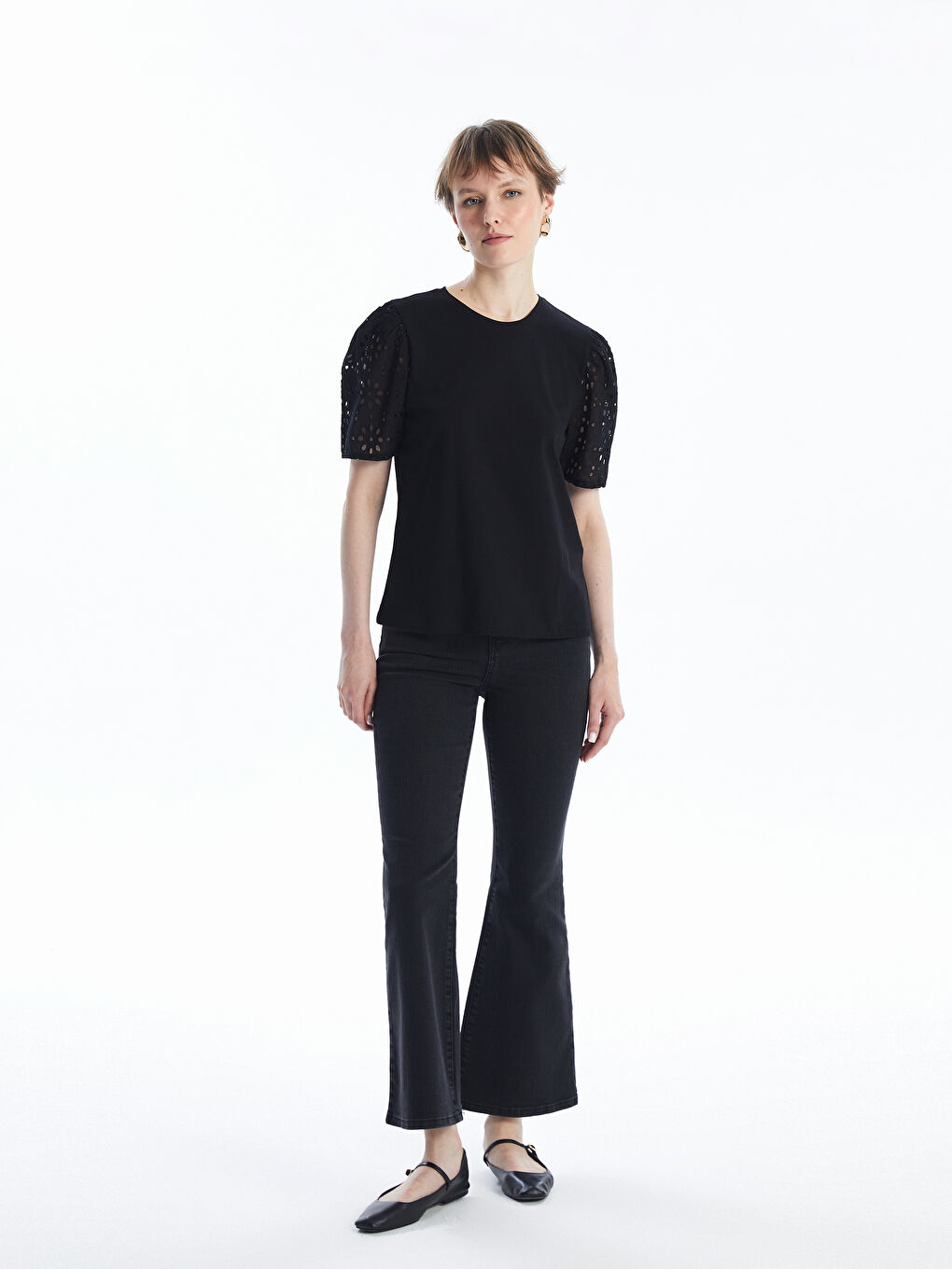 Crew Neck Self-Patterned Short Sleeve Women's Blouse-1