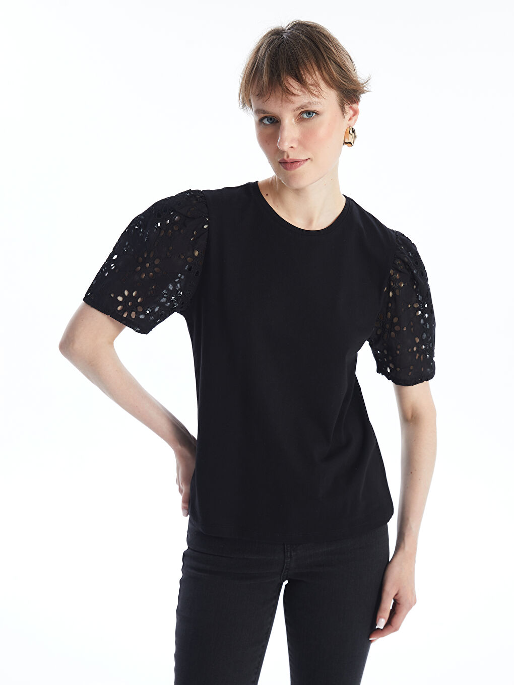 Crew Neck Self-Patterned Short Sleeve Women's Blouse-2