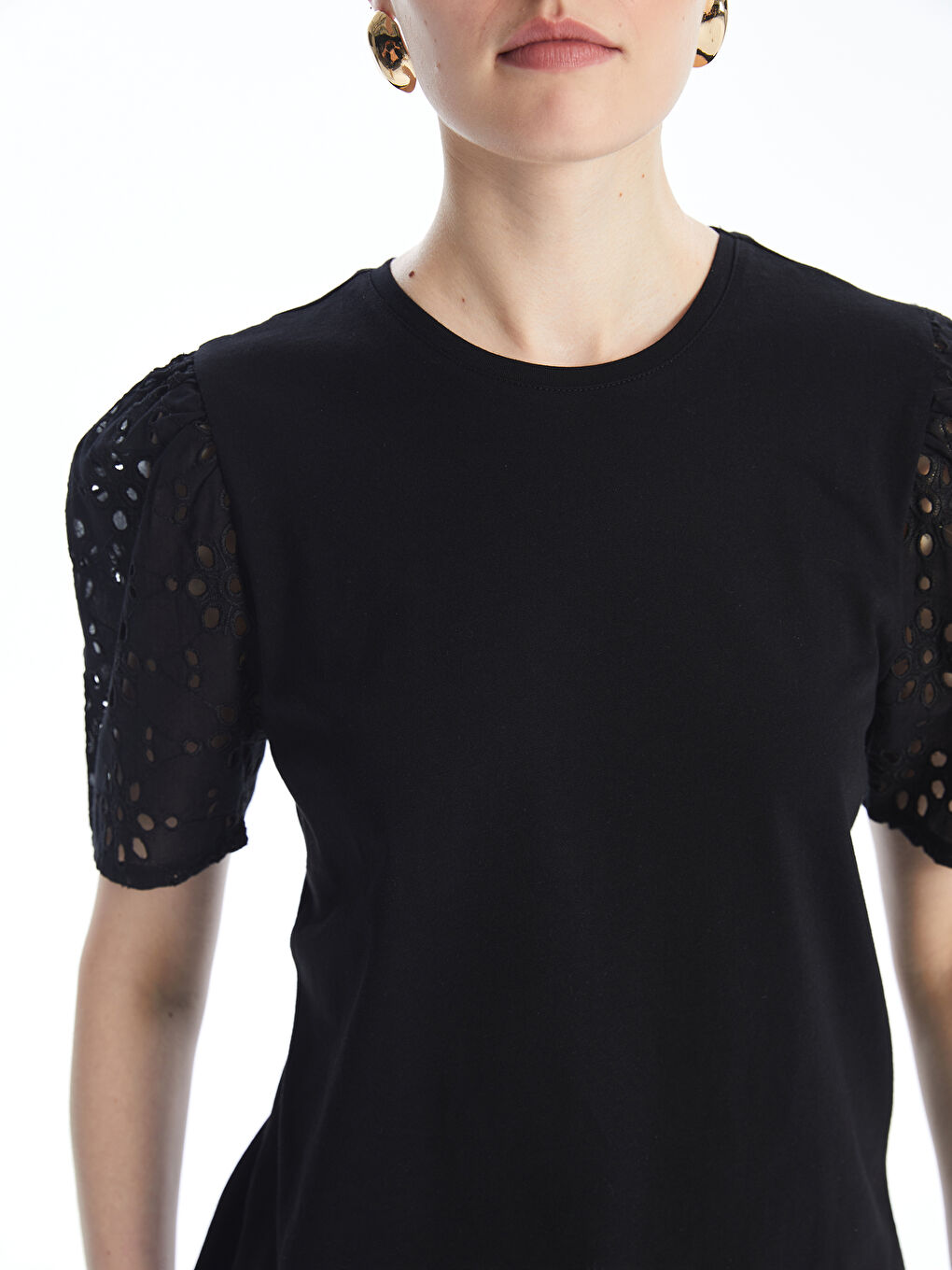 Crew Neck Self-Patterned Short Sleeve Women's Blouse-3