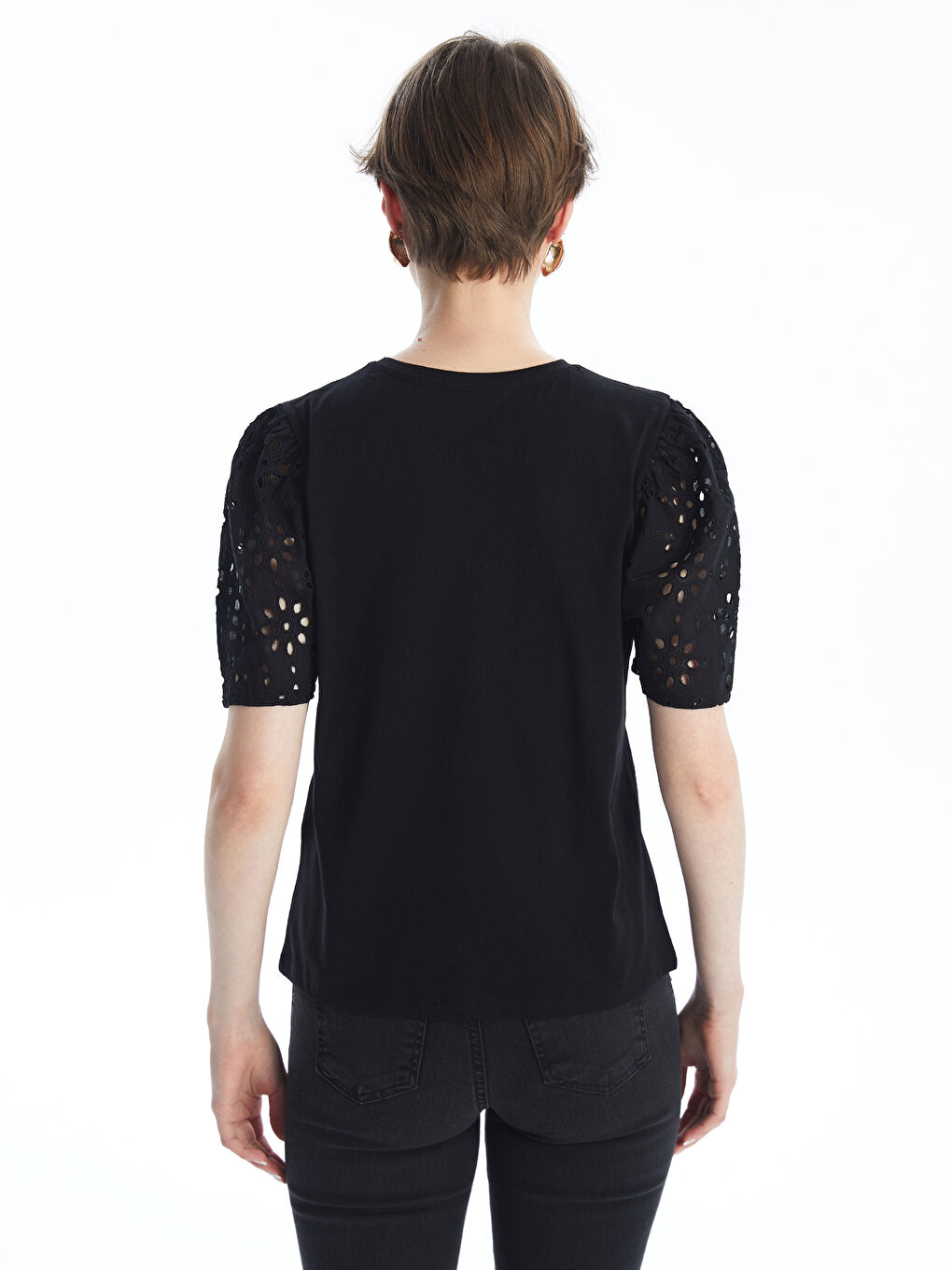 Crew Neck Self-Patterned Short Sleeve Women's Blouse-4