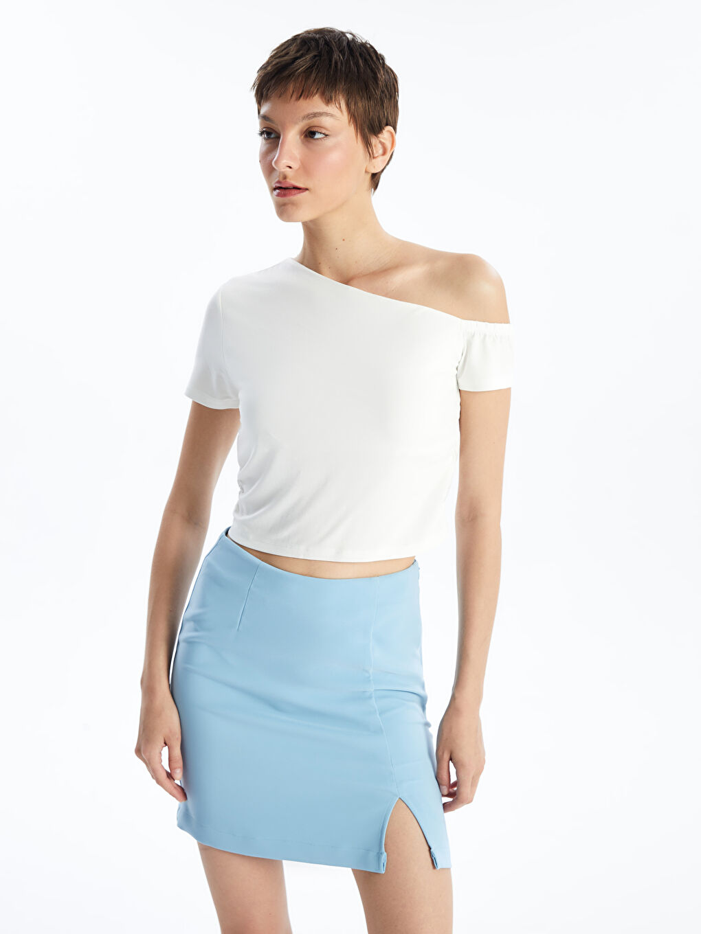 Slash Neck Plain Short Sleeve Women's T-Shirt -S4FJ68Z8-R9J