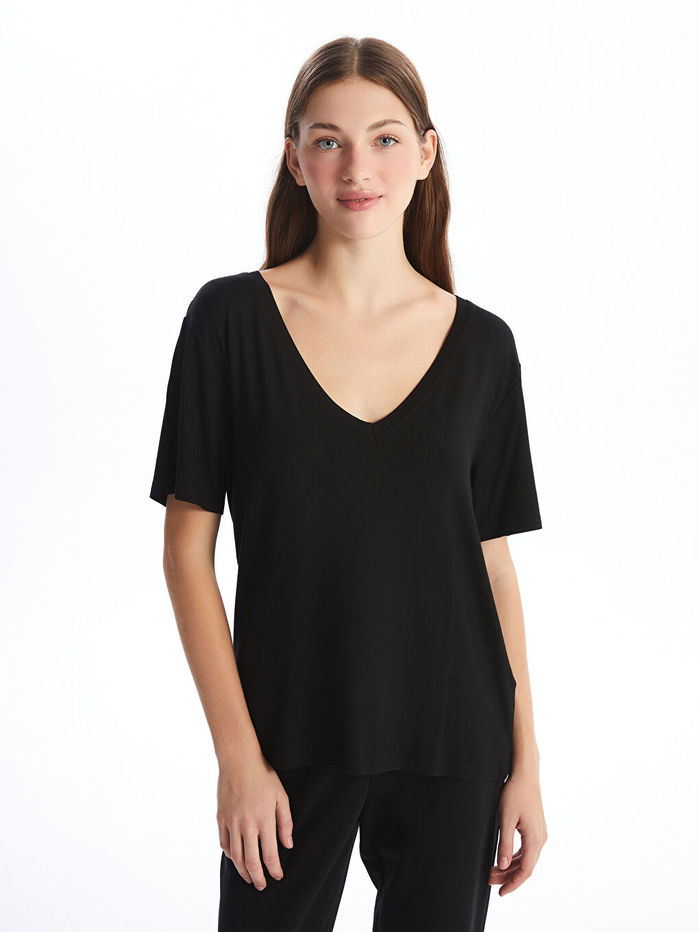 V Neck Straight Short Sleeve Women T-Shirt -S4FJ78Z8-CVL