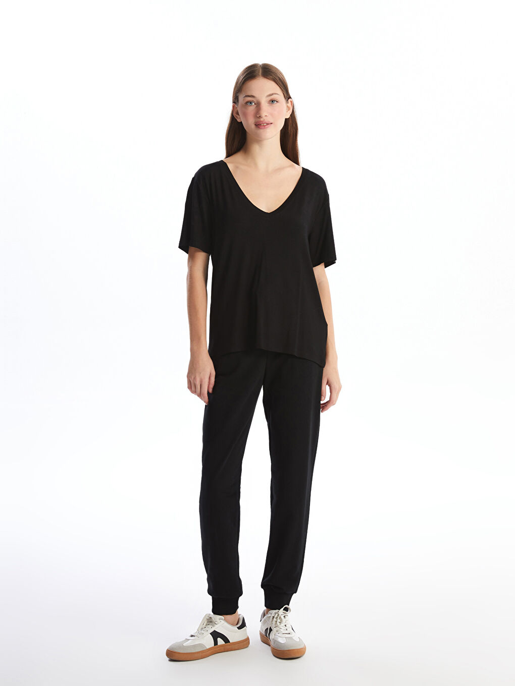 V Neck Straight Short Sleeve Women T-Shirt -S4FJ78Z8-CVL