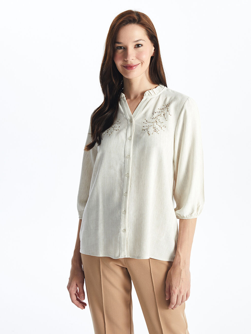 Loose Collar Embroidered Linen Blend Women's Blouse -S4FL50Z8-ELZ
