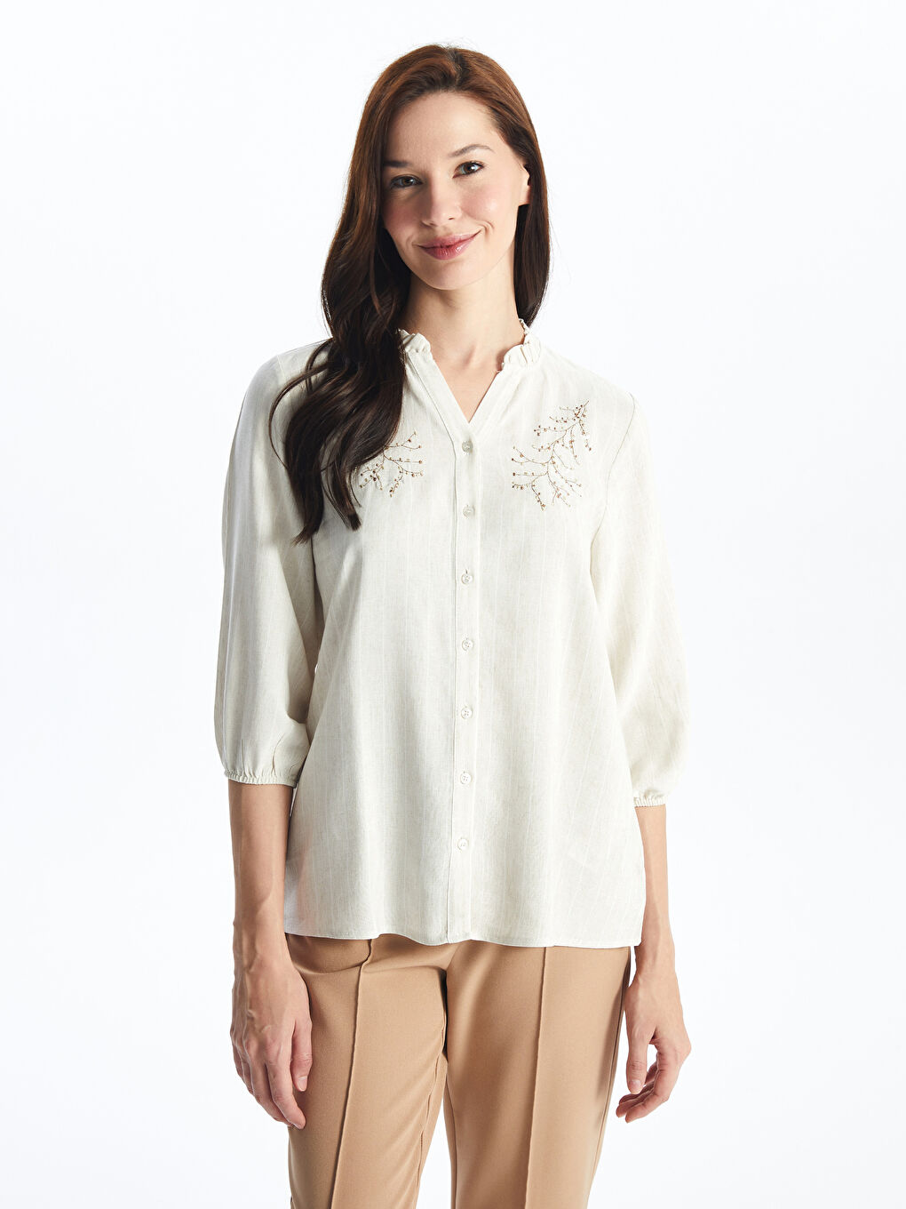 Loose Collar Embroidered Linen Blend Women's Blouse -S4FL50Z8-ELZ