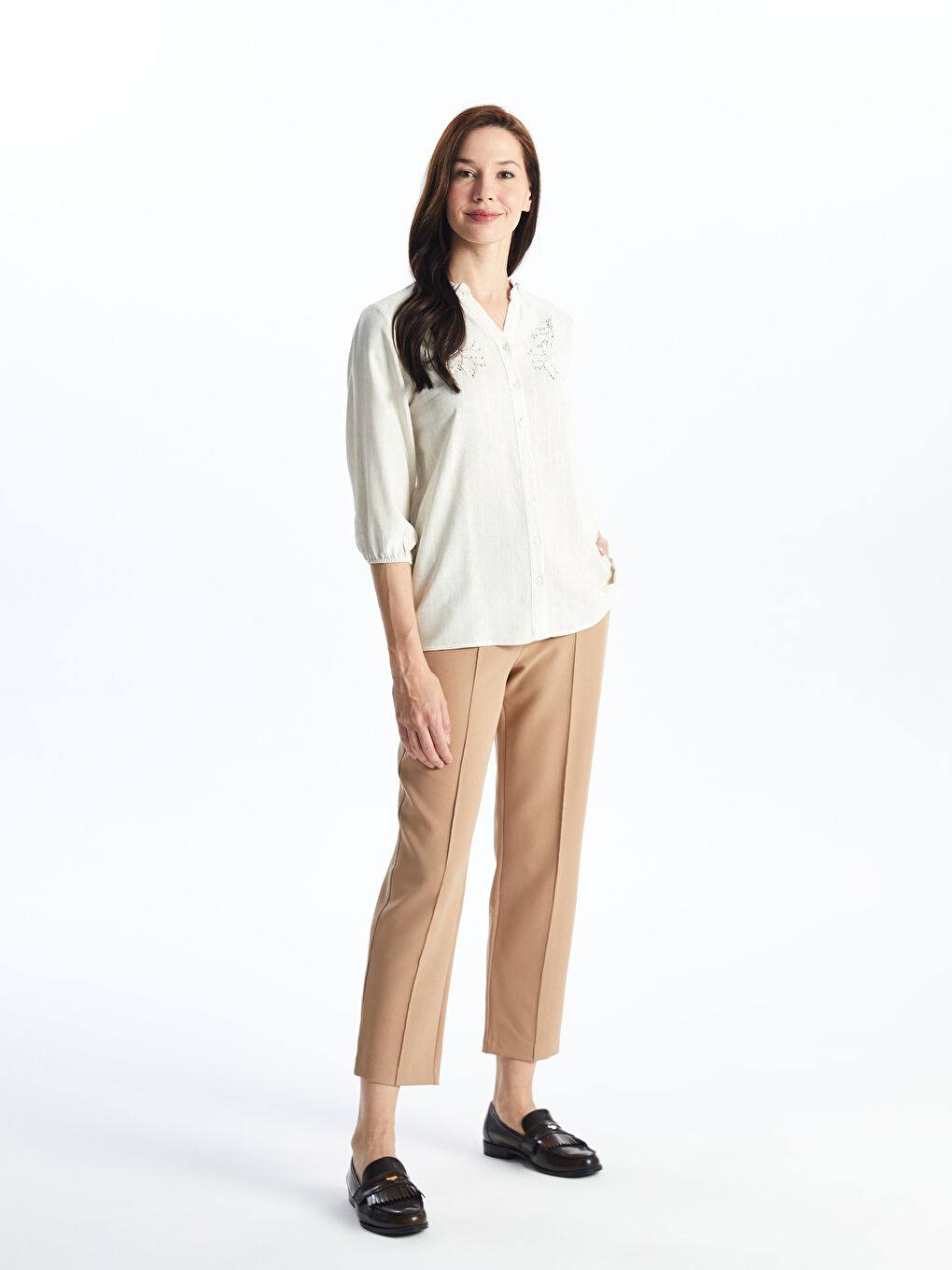 Loose Collar Embroidered Linen Blend Women's Blouse -S4FL50Z8-ELZ