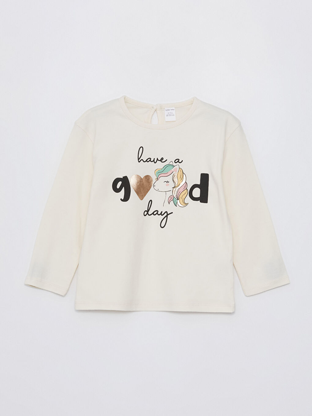 Ekru Bisiklet Yaka Uzun Kollu Baskılı Kız Bebek Tişört