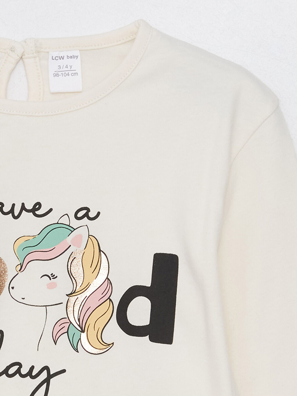 Ekru Bisiklet Yaka Uzun Kollu Baskılı Kız Bebek Tişört-1