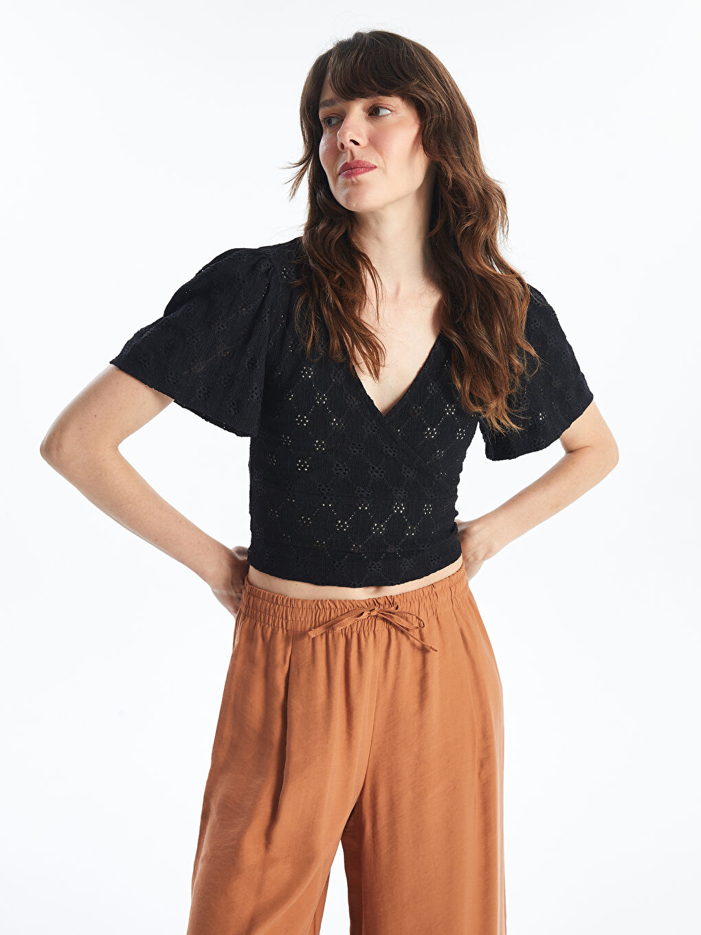 Double Breasted Neck Embroidered Short Sleeve Women's Crop -S4FL72Z8-CVL