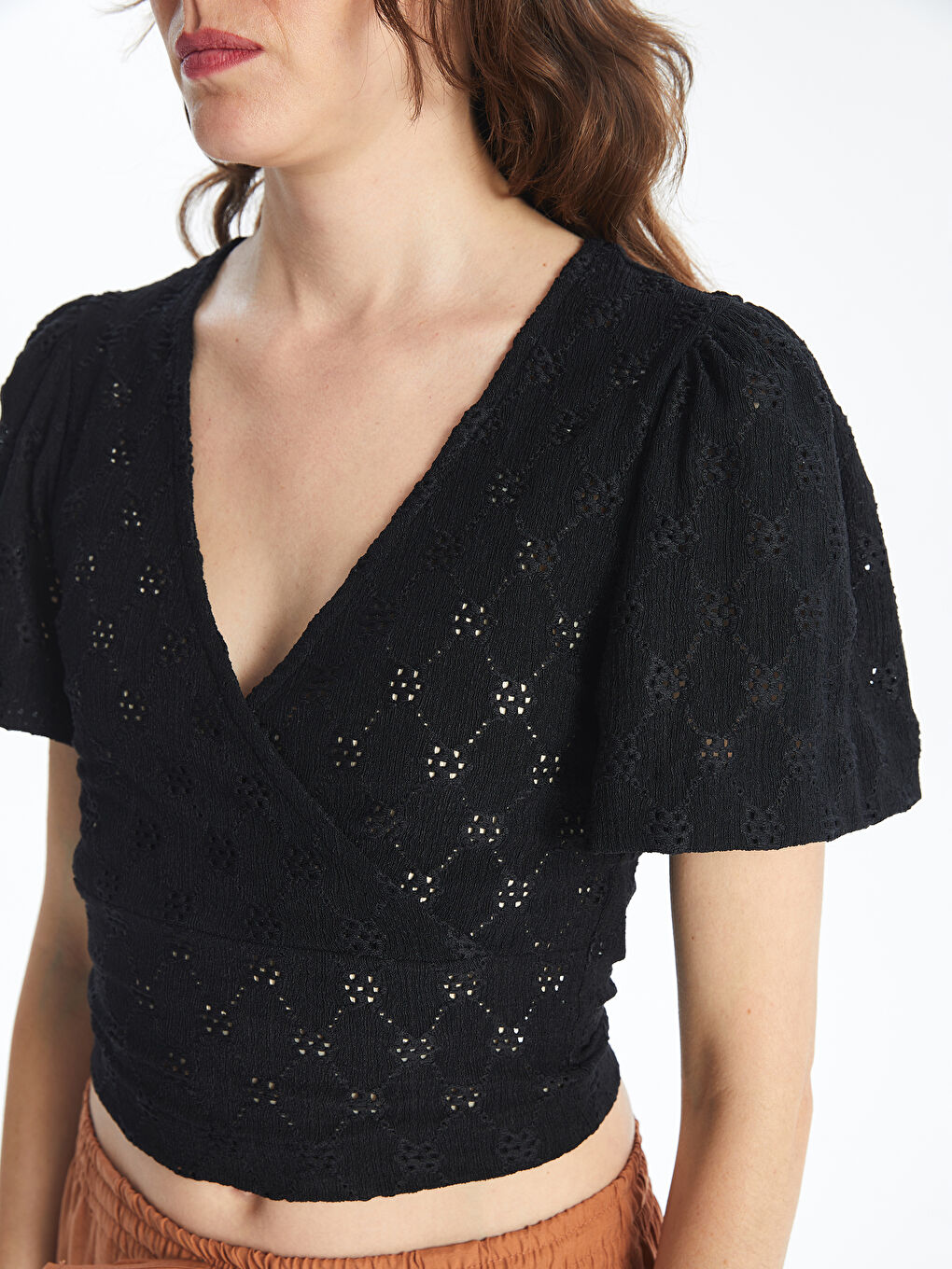 Double Breasted Neck Embroidered Short Sleeve Women's Crop -S4FL72Z8-CVL