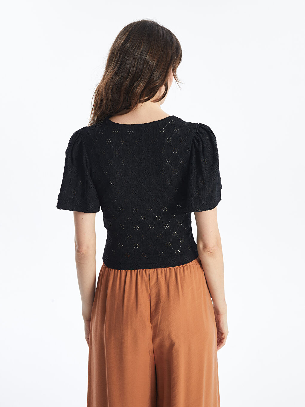 Double Breasted Neck Embroidered Short Sleeve Women's Crop -S4FL72Z8-CVL