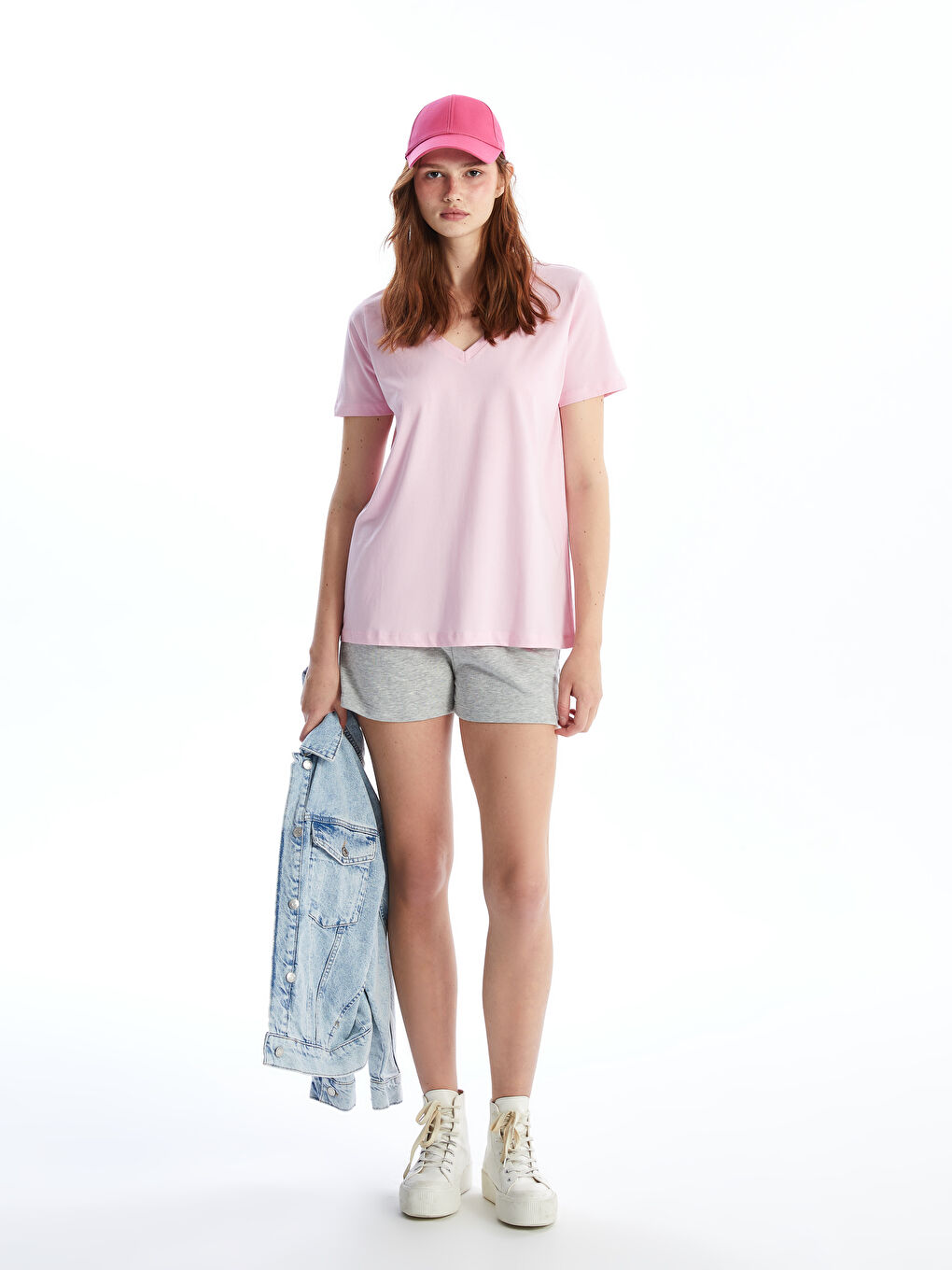 V-Neck Plain Short Sleeve Women's T-Shirt-1