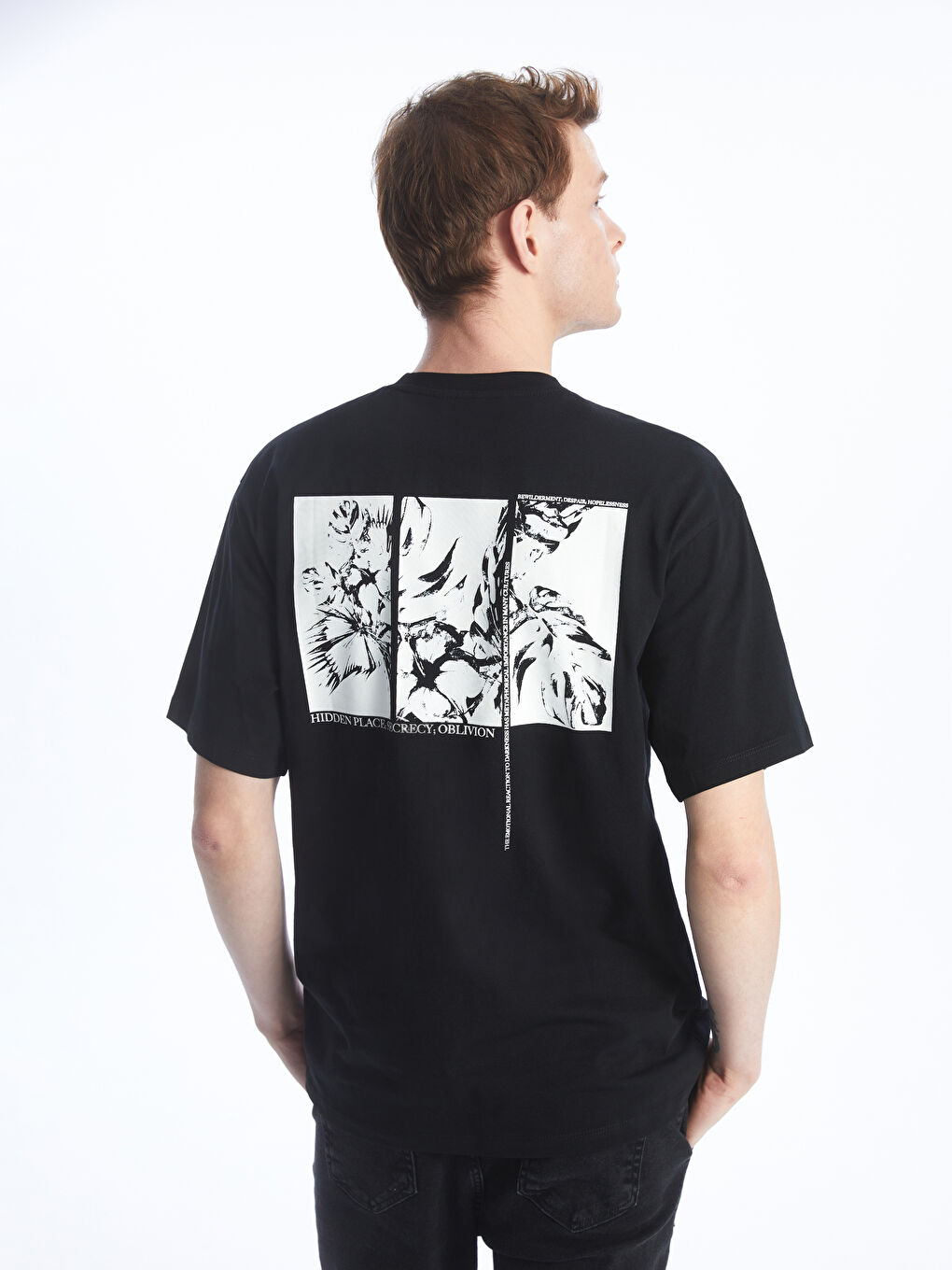 Siyah Bisiklet Yaka Kısa Kollu Baskılı Penye Erkek Tişört