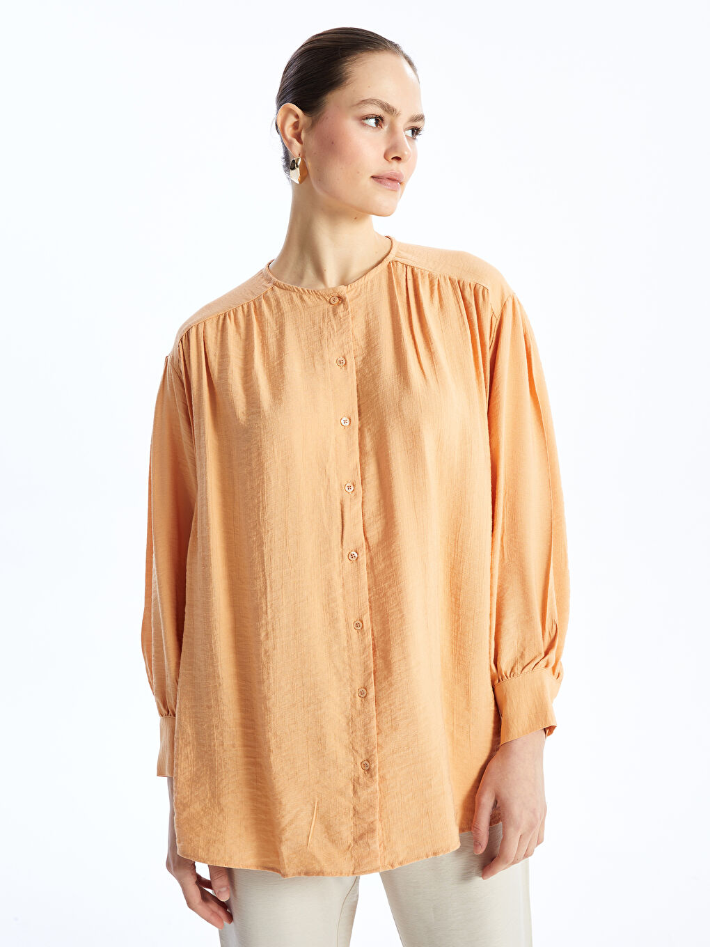 Turuncu Bisiklet Yaka Düz Uzun Kollu Oversize Kadın Gömlek Tunik