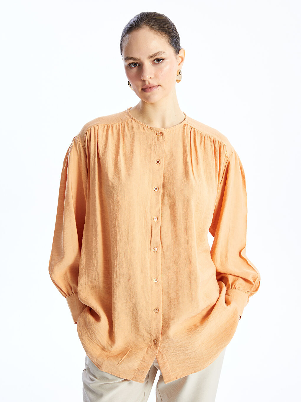 Turuncu Bisiklet Yaka Düz Uzun Kollu Oversize Kadın Gömlek Tunik-1
