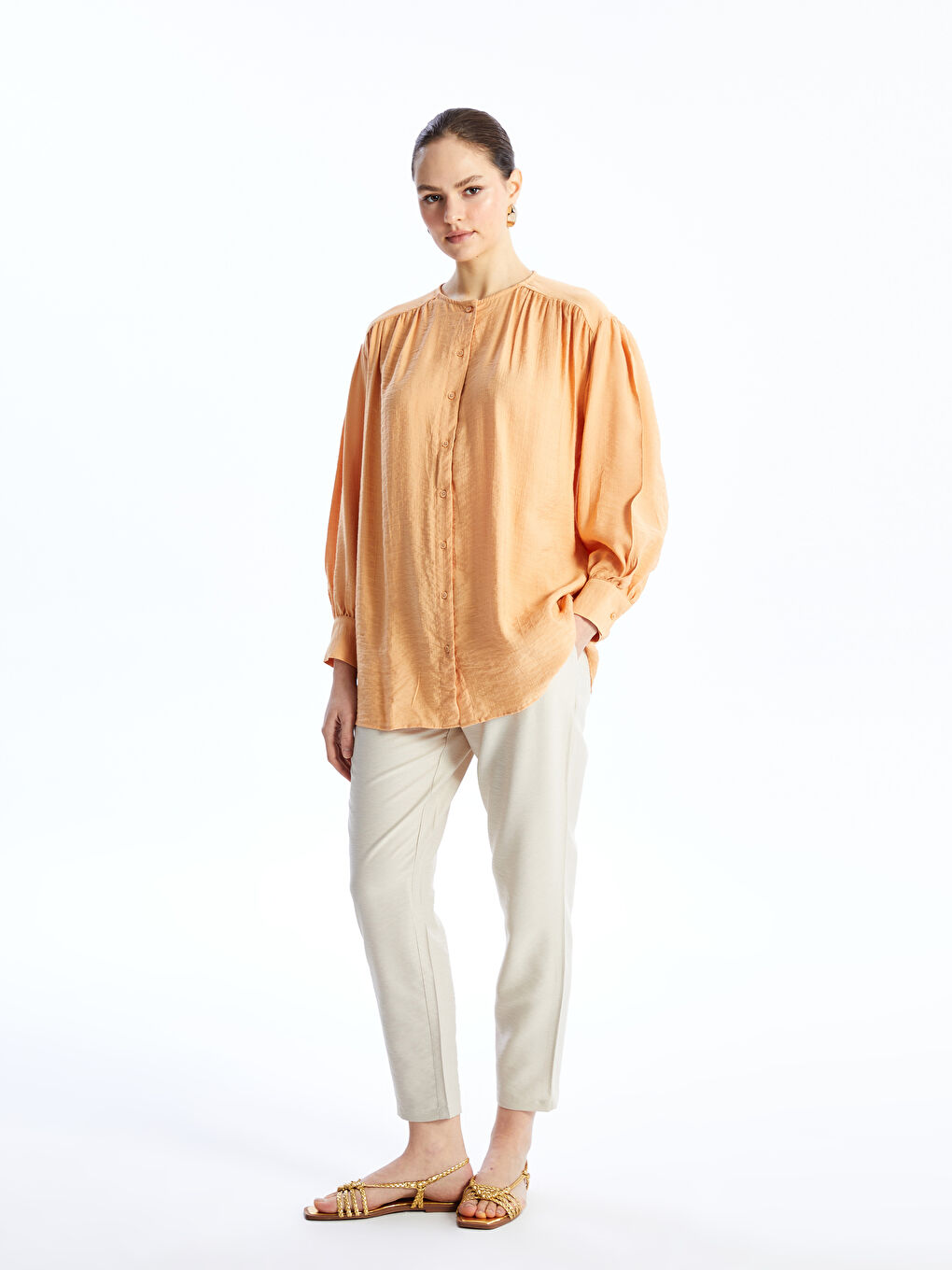 Turuncu Bisiklet Yaka Düz Uzun Kollu Oversize Kadın Gömlek Tunik-2