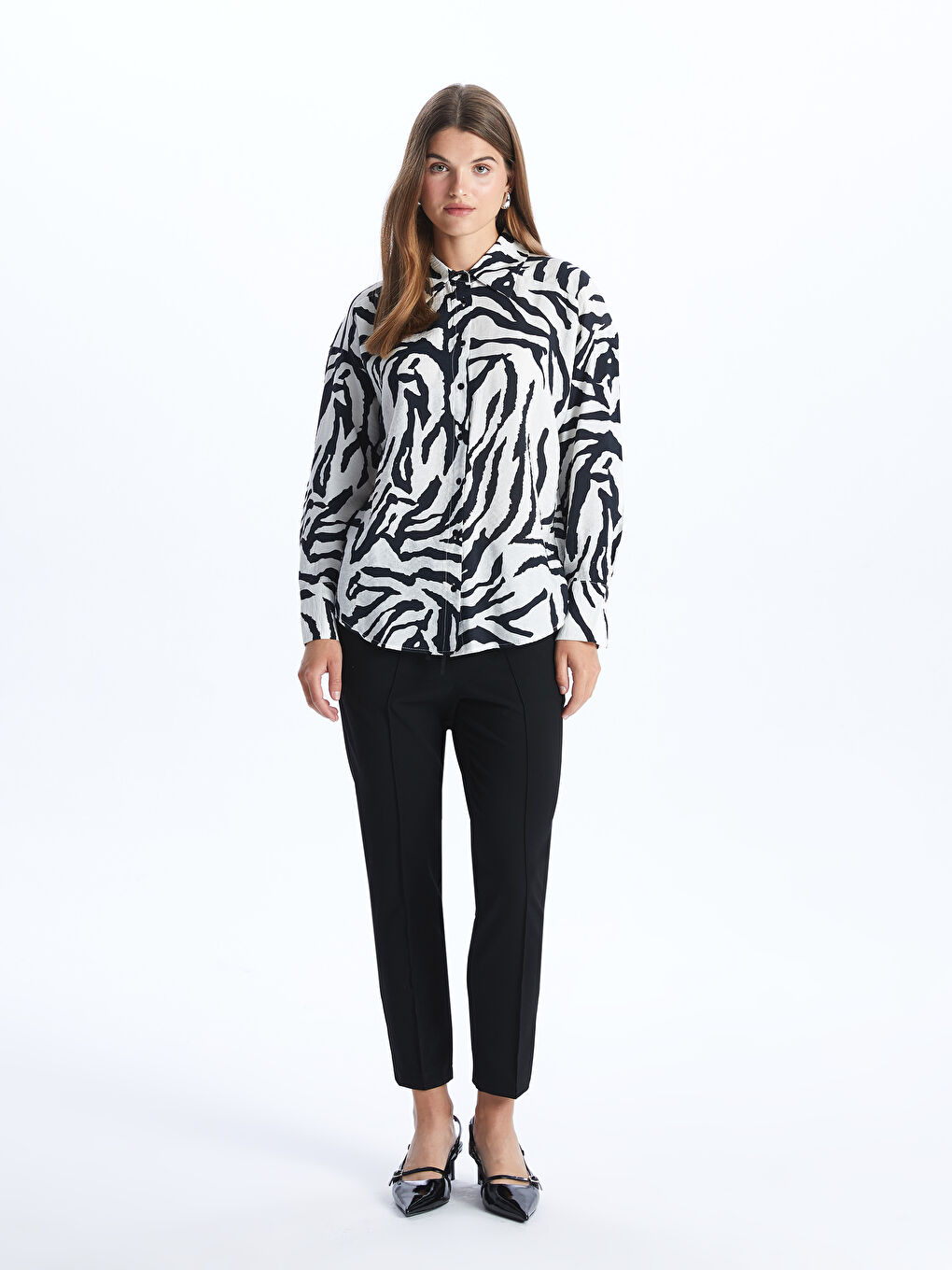 Siyah Desenli Uzun Kollu Kadın Gömlek-2