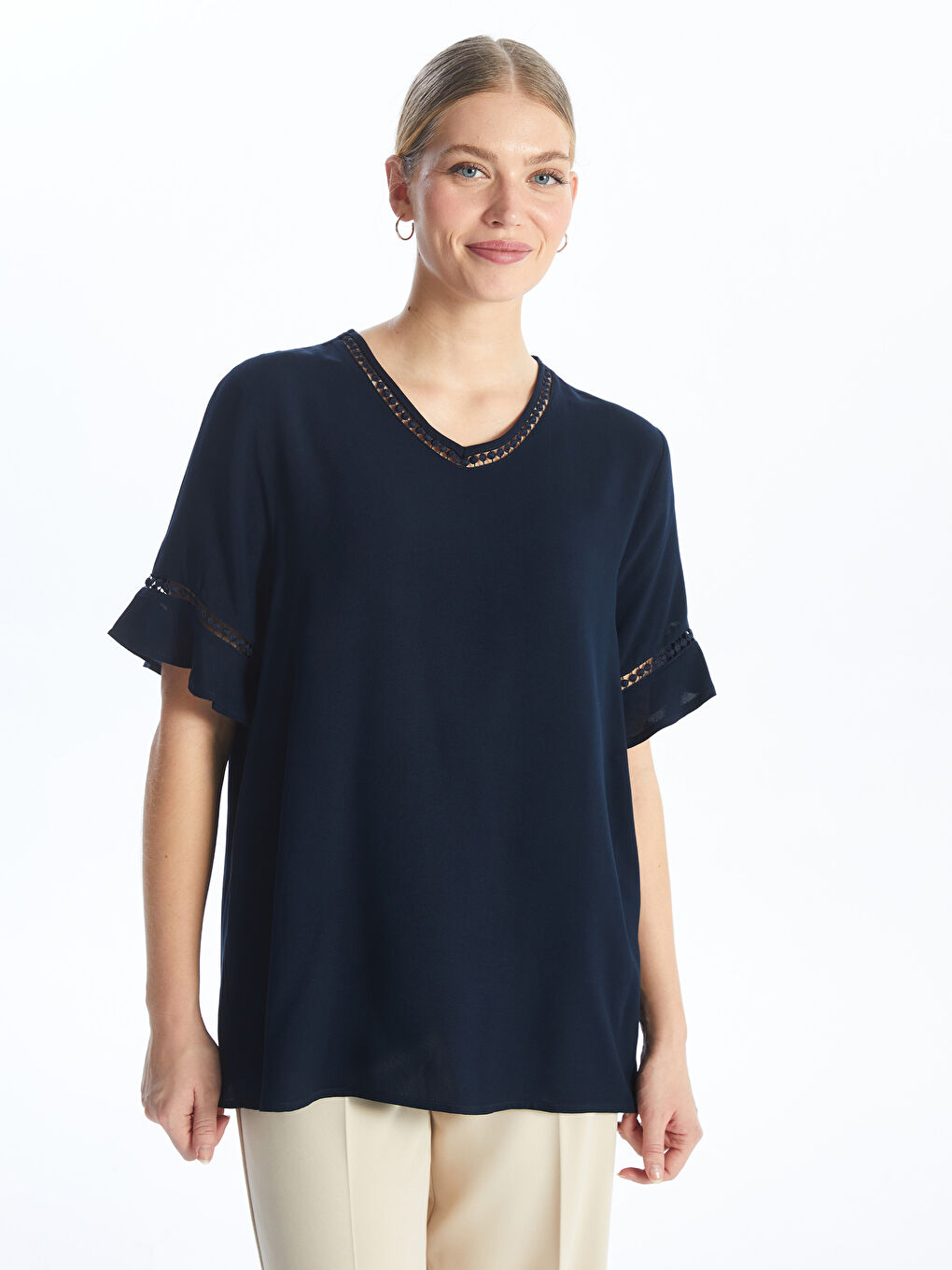 V Neck Embroidered Short Sleeve Women Blouse -S4FM68Z8-E1J