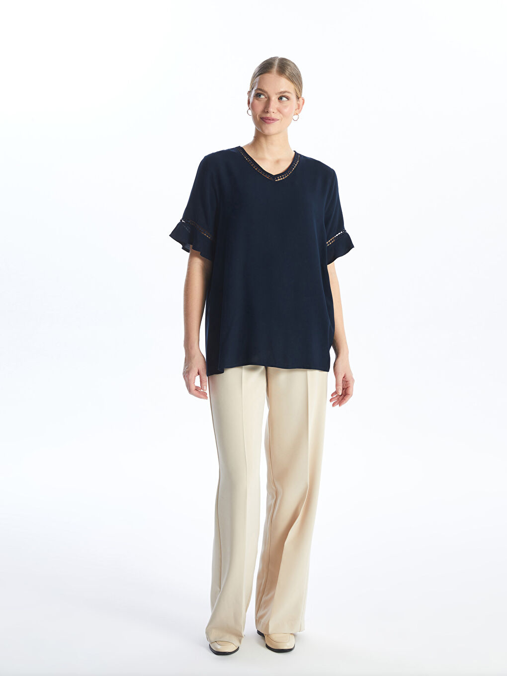 V Neck Embroidered Short Sleeve Women Blouse -S4FM68Z8-E1J
