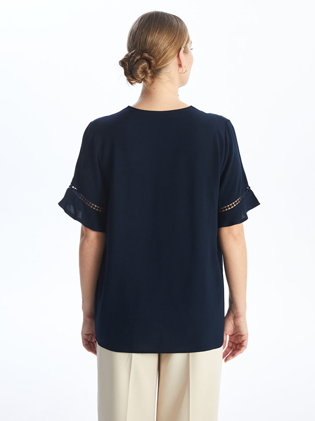 V Neck Embroidered Short Sleeve Women Blouse -S4FM68Z8-E1J