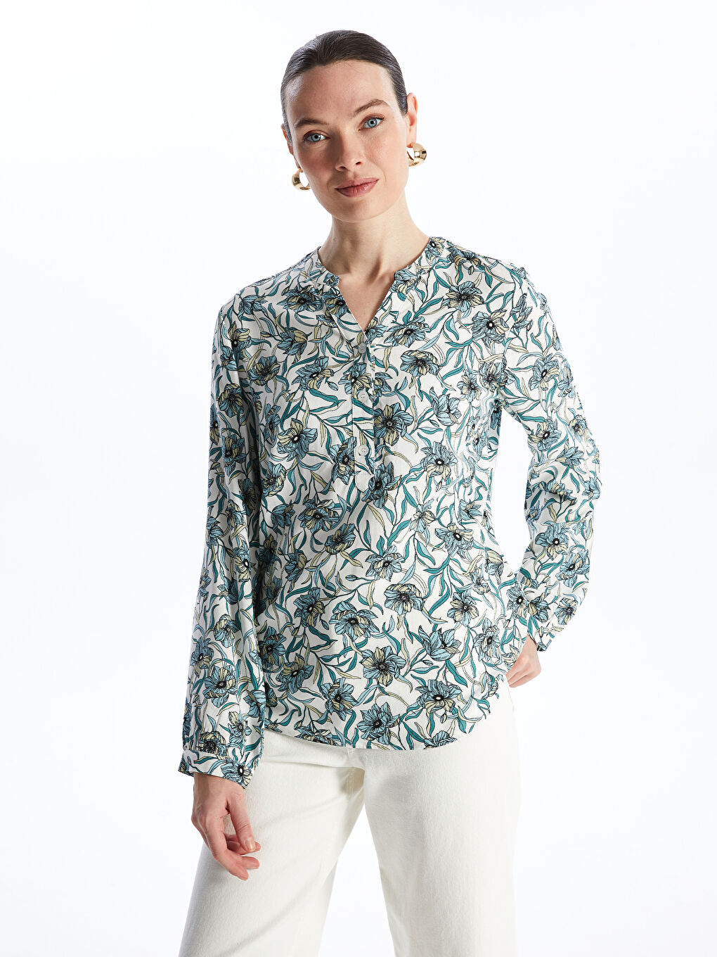 Notch Neck Patterned Long Sleeve Women's Blouse -S4FM69Z8-LRK