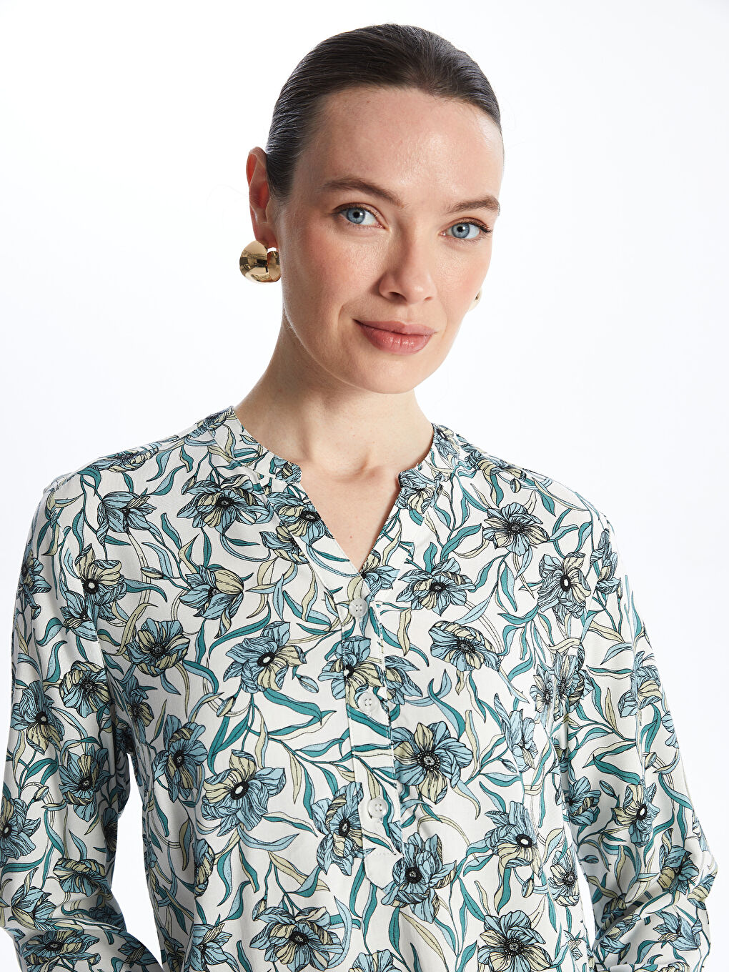 Notch Neck Patterned Long Sleeve Women's Blouse -S4FM69Z8-LRK