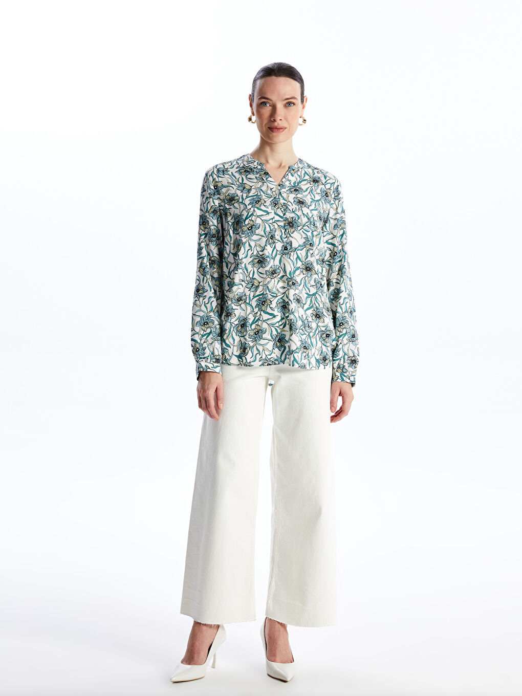 Notch Neck Patterned Long Sleeve Women's Blouse -S4FM69Z8-LRK