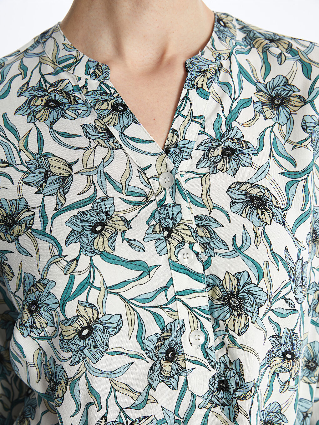 Notch Neck Patterned Long Sleeve Women's Blouse -S4FM69Z8-LRK