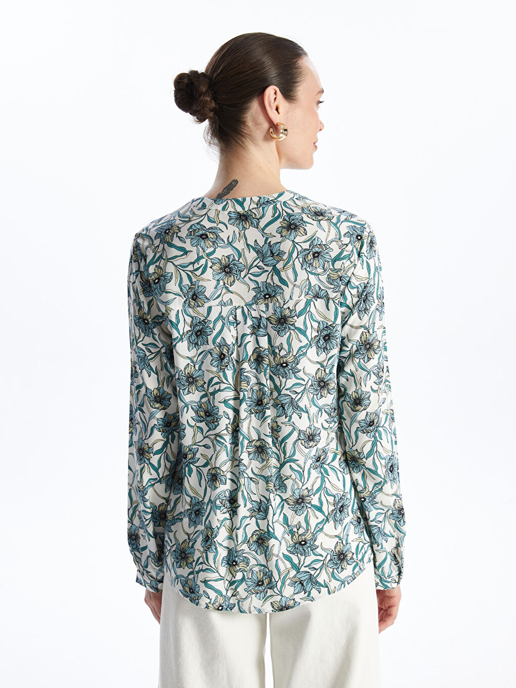 Notch Neck Patterned Long Sleeve Women's Blouse -S4FM69Z8-LRK