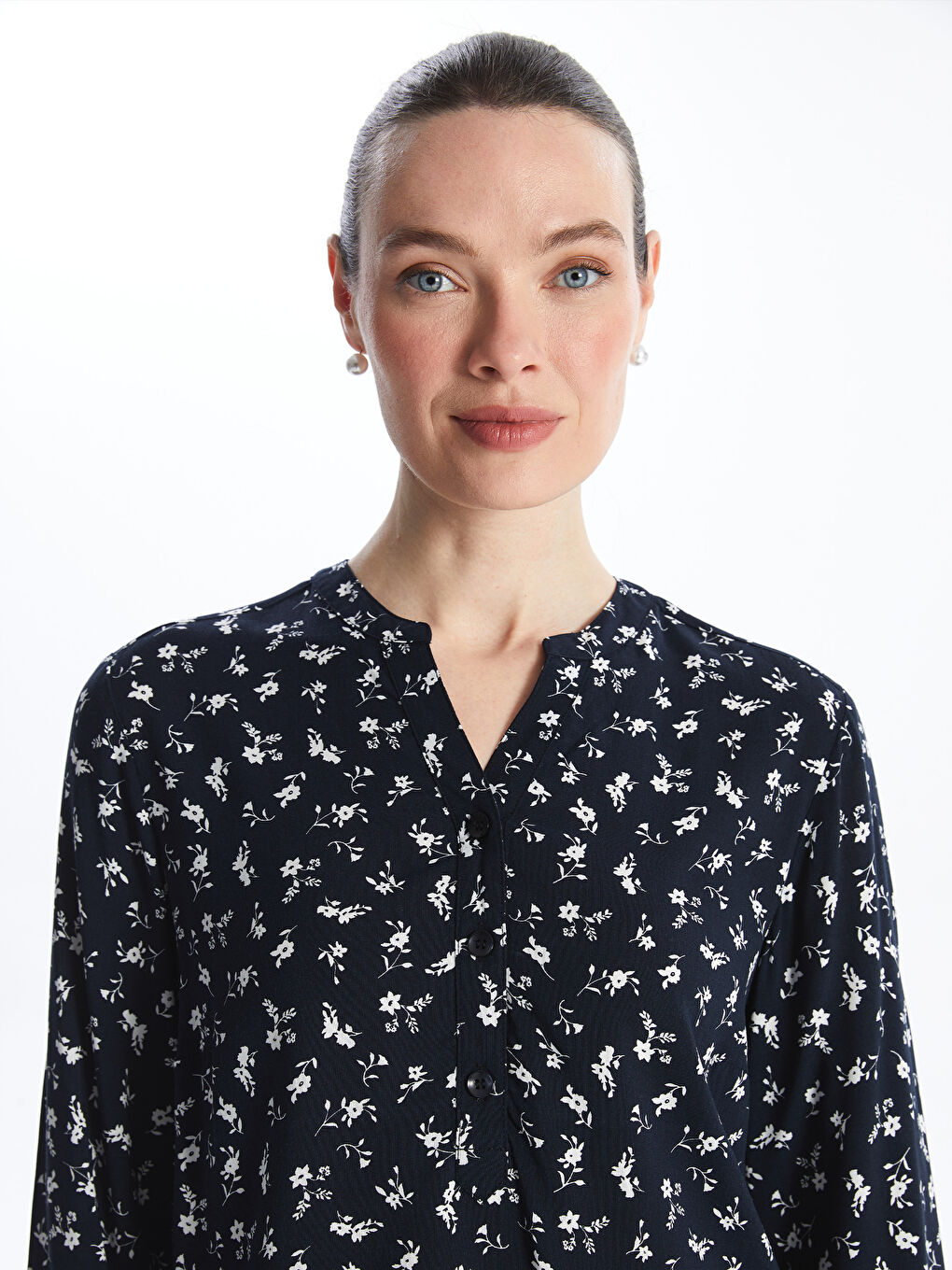 Henley Neckline Patterned Long Sleeve Women's Blouse -S4FM69Z8-LSJ