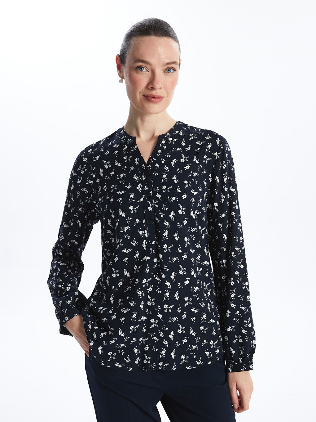 Henley Neckline Patterned Long Sleeve Women's Blouse -S4FM69Z8-LSJ