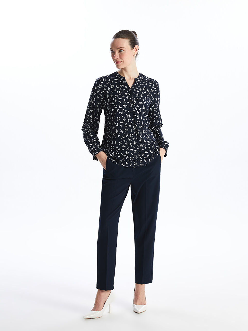Henley Neckline Patterned Long Sleeve Women's Blouse -S4FM69Z8-LSJ