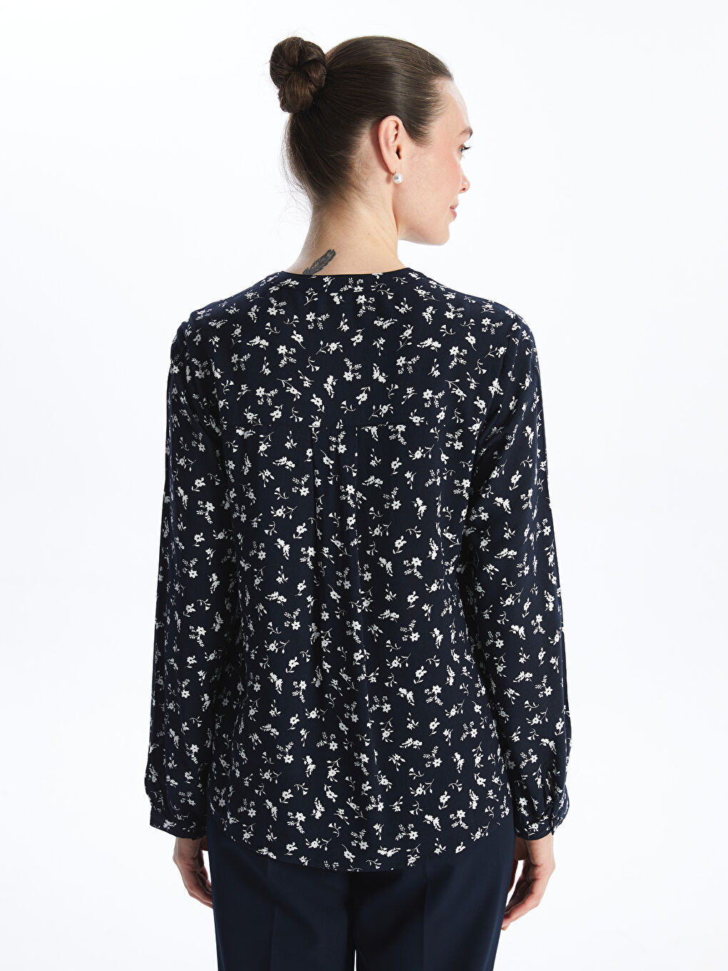 Henley Neckline Patterned Long Sleeve Women's Blouse -S4FM69Z8-LSJ