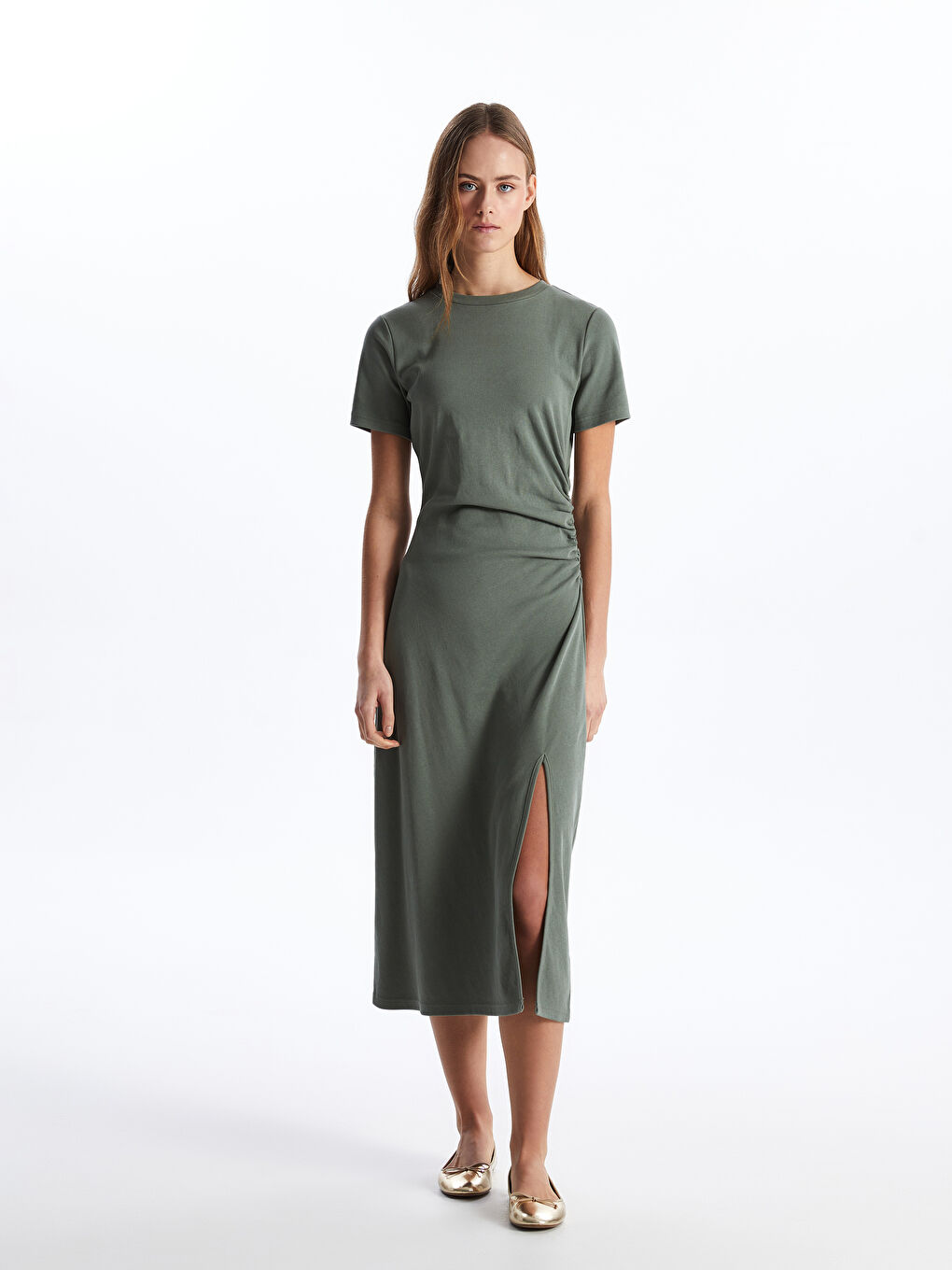 მრგვალი საყელო უბრალო მოკლე სახელო ქალებისთვის კაბა-1