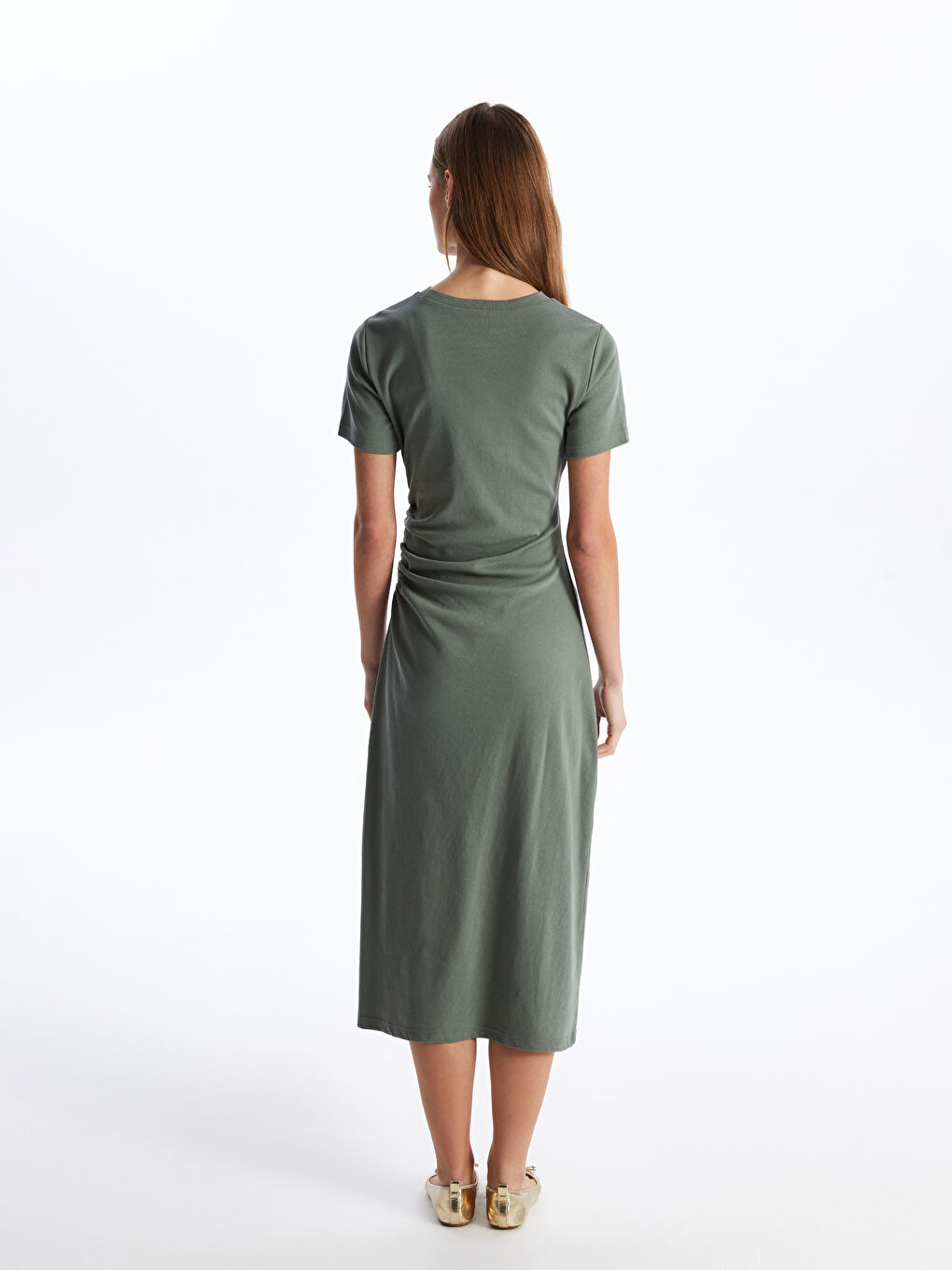 მრგვალი საყელო უბრალო მოკლე სახელო ქალებისთვის კაბა-4