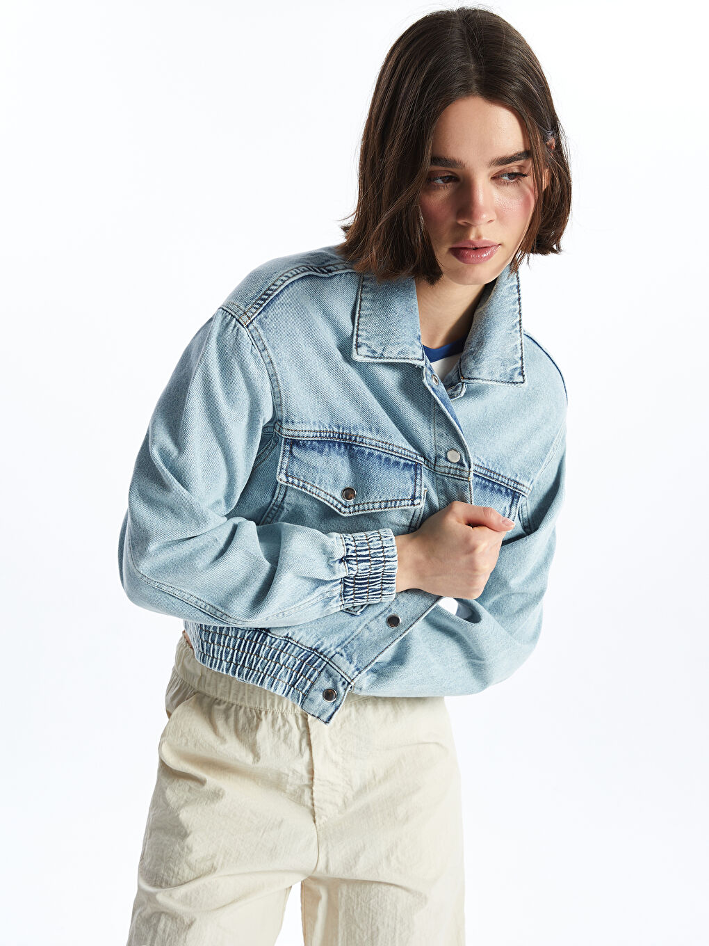 Shirt Collar Straight Long Sleeve Oversize Women's Jean Jacket -S4FO42Z8-K9M