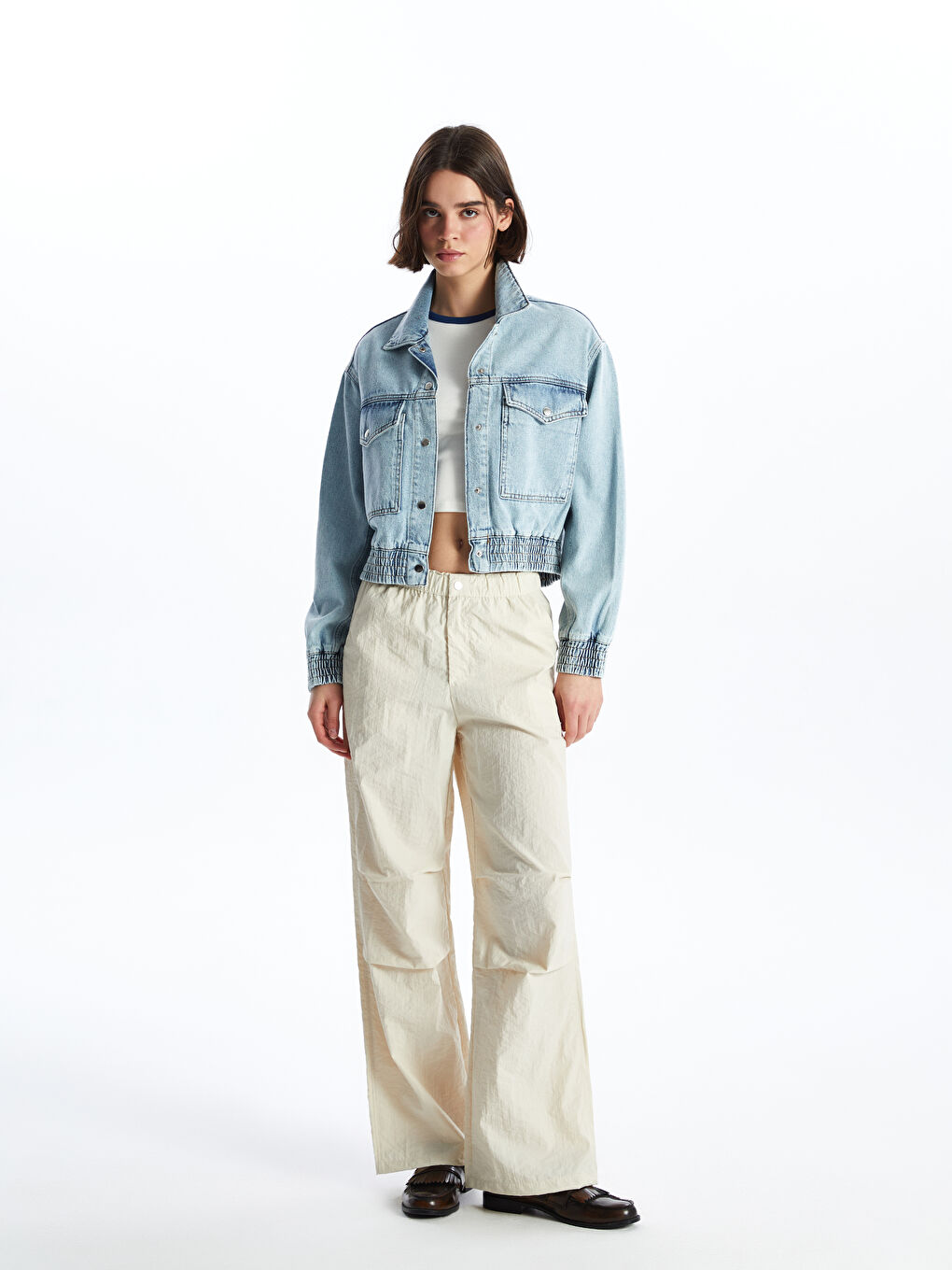 Shirt Collar Straight Long Sleeve Oversize Women's Jean Jacket -S4FO42Z8-K9M