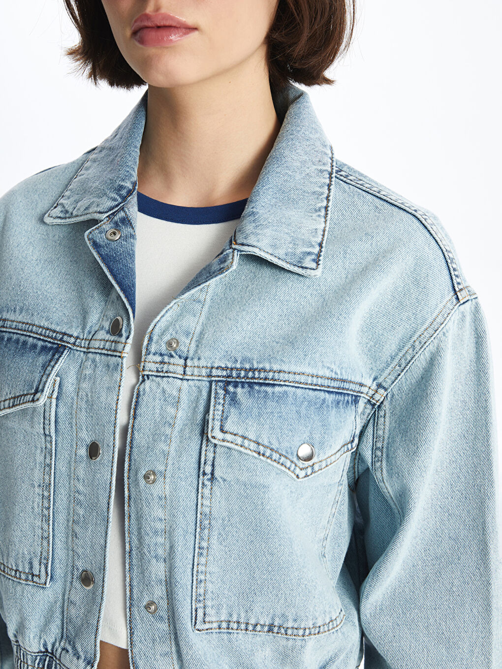 Shirt Collar Straight Long Sleeve Oversize Women's Jean Jacket -S4FO42Z8-K9M