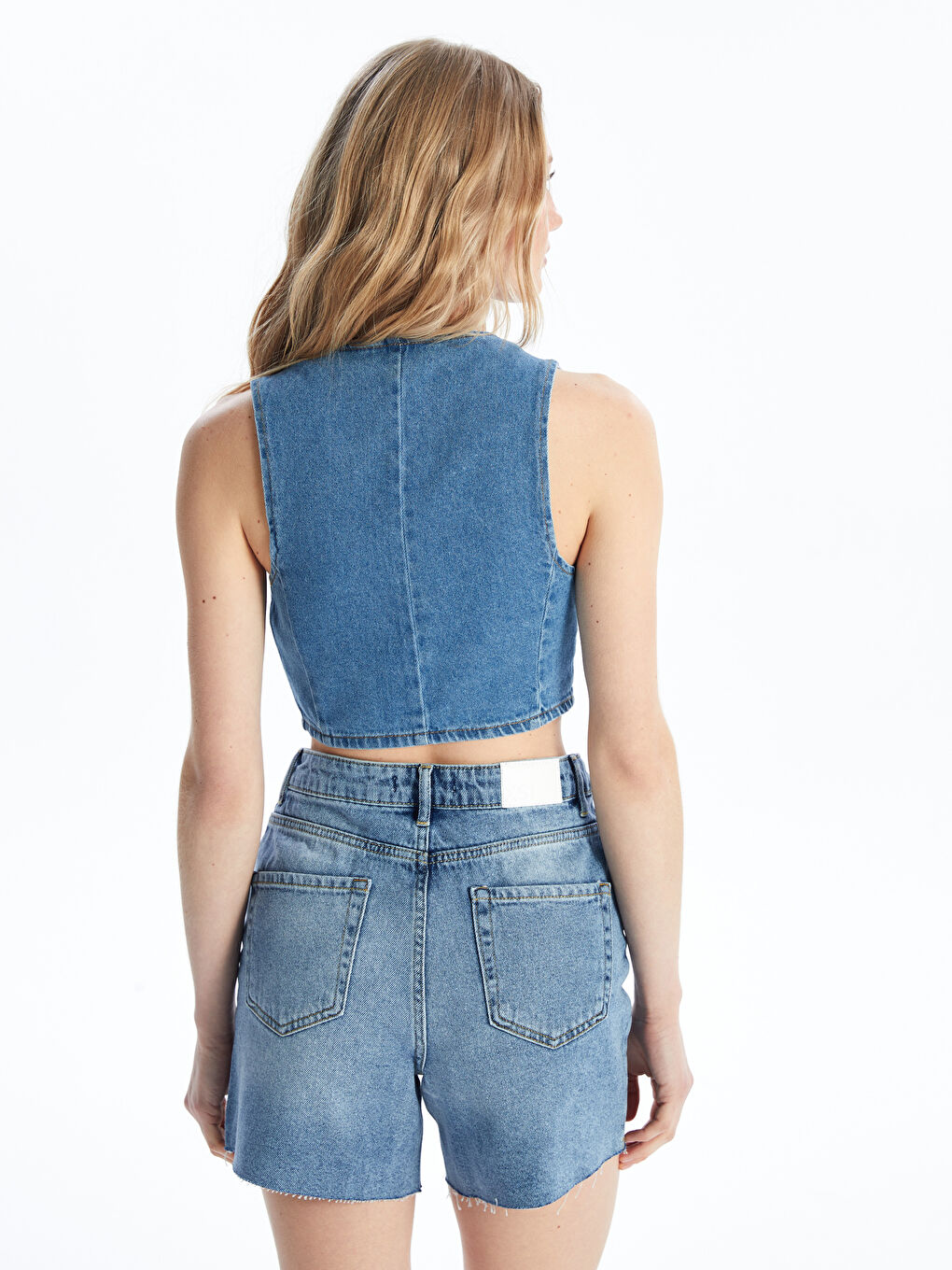 Women's V-Neck Plain Jean Vest -S4FO44Z8-Q6L