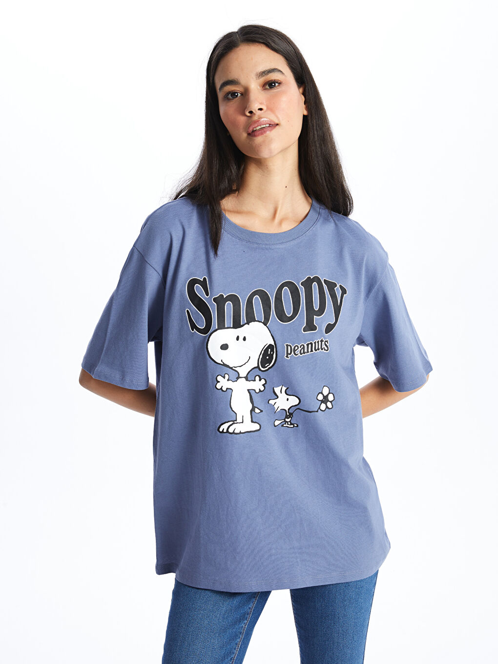 Футболка с круглым вырезом, принтом Снупи, коротким рукавом, оверсайз для женщин-1