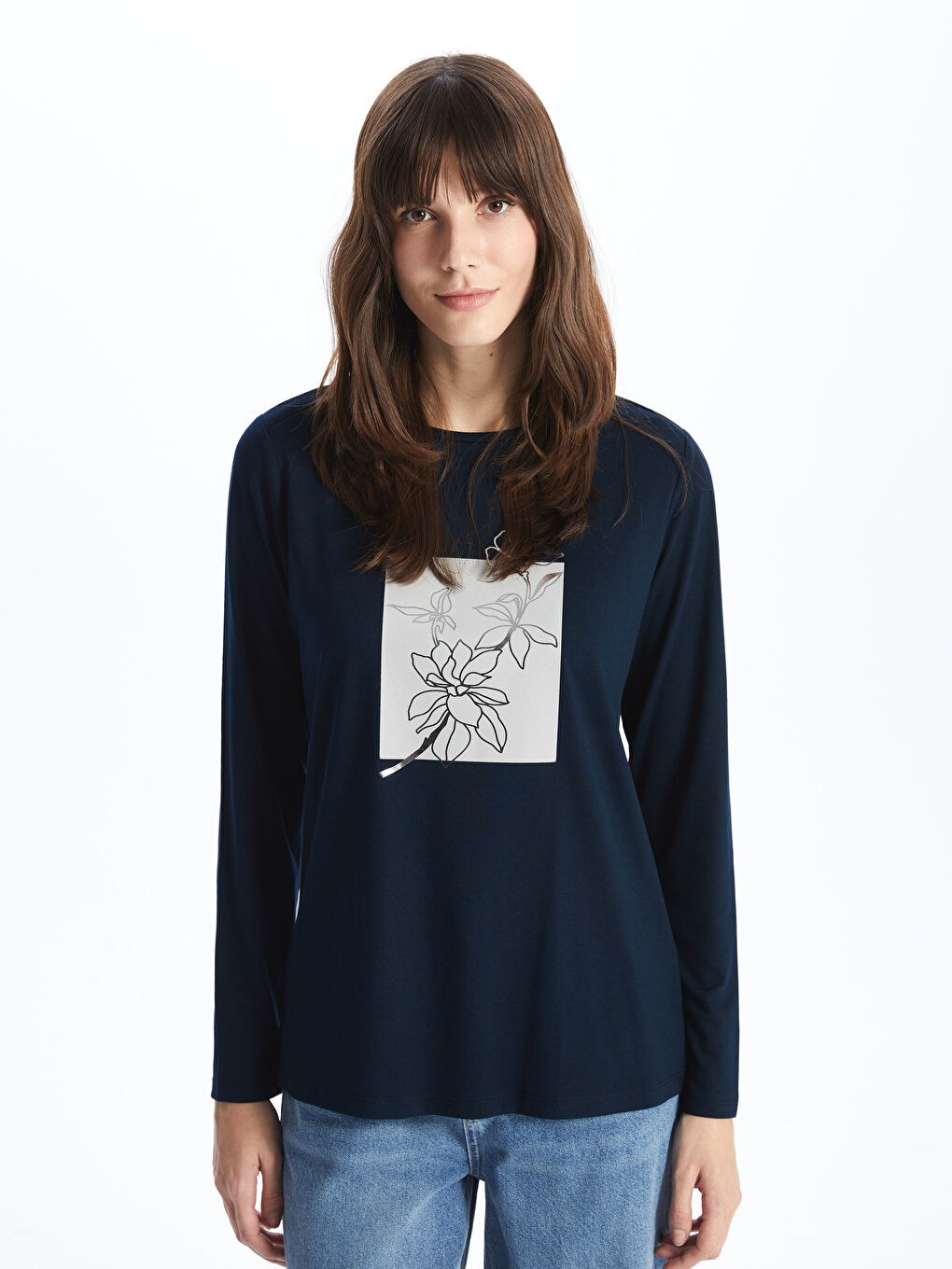 Crew Neck Printed Long Sleeve Women's T-shirt -S4FQ23Z8-E1J